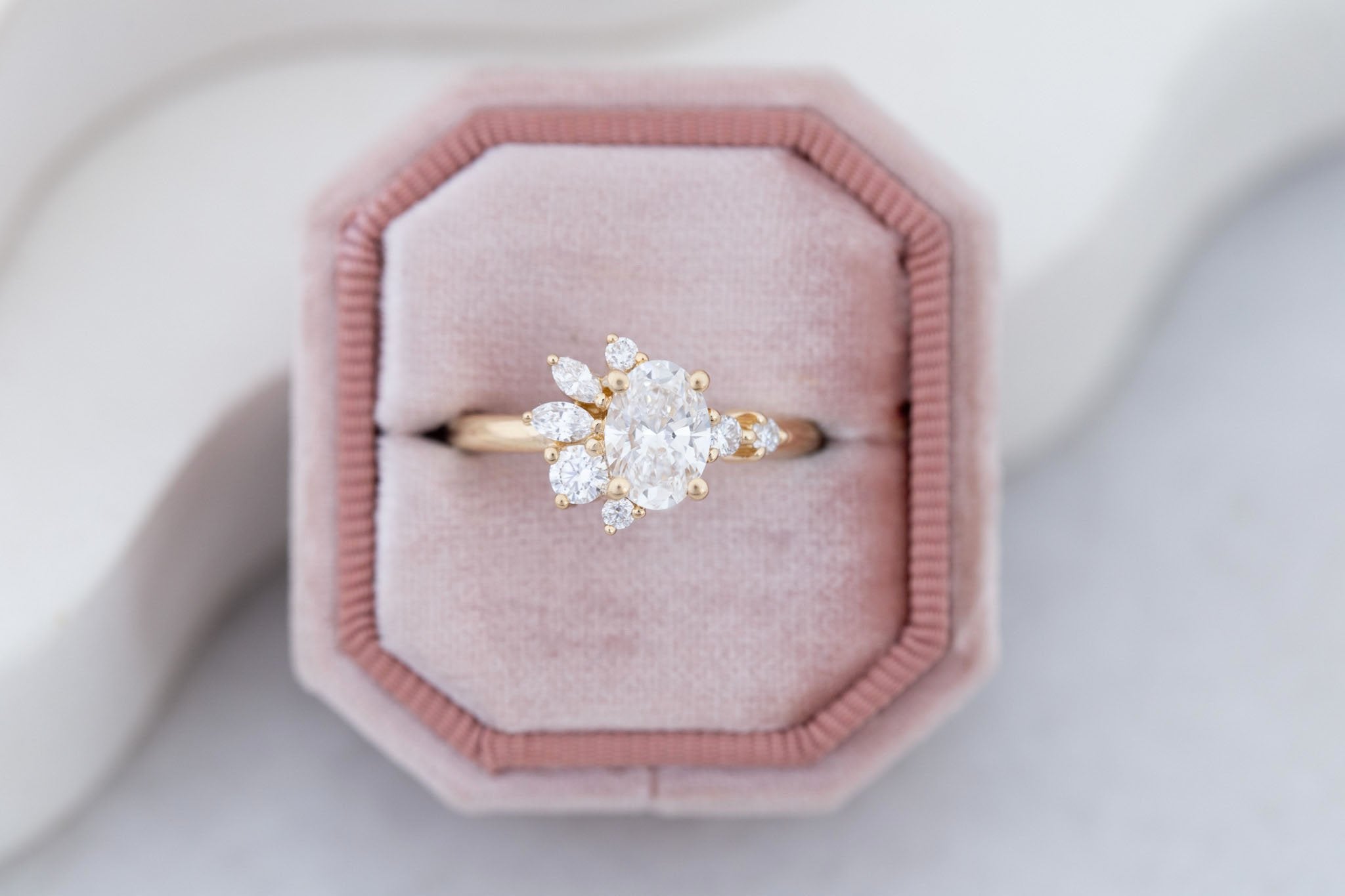 Ambretta Ring | Lab Oval Diamond + Lab Diamond Cluster Engagement Ring 1.02 ct | 14k Recycled Gold | One of a Kind