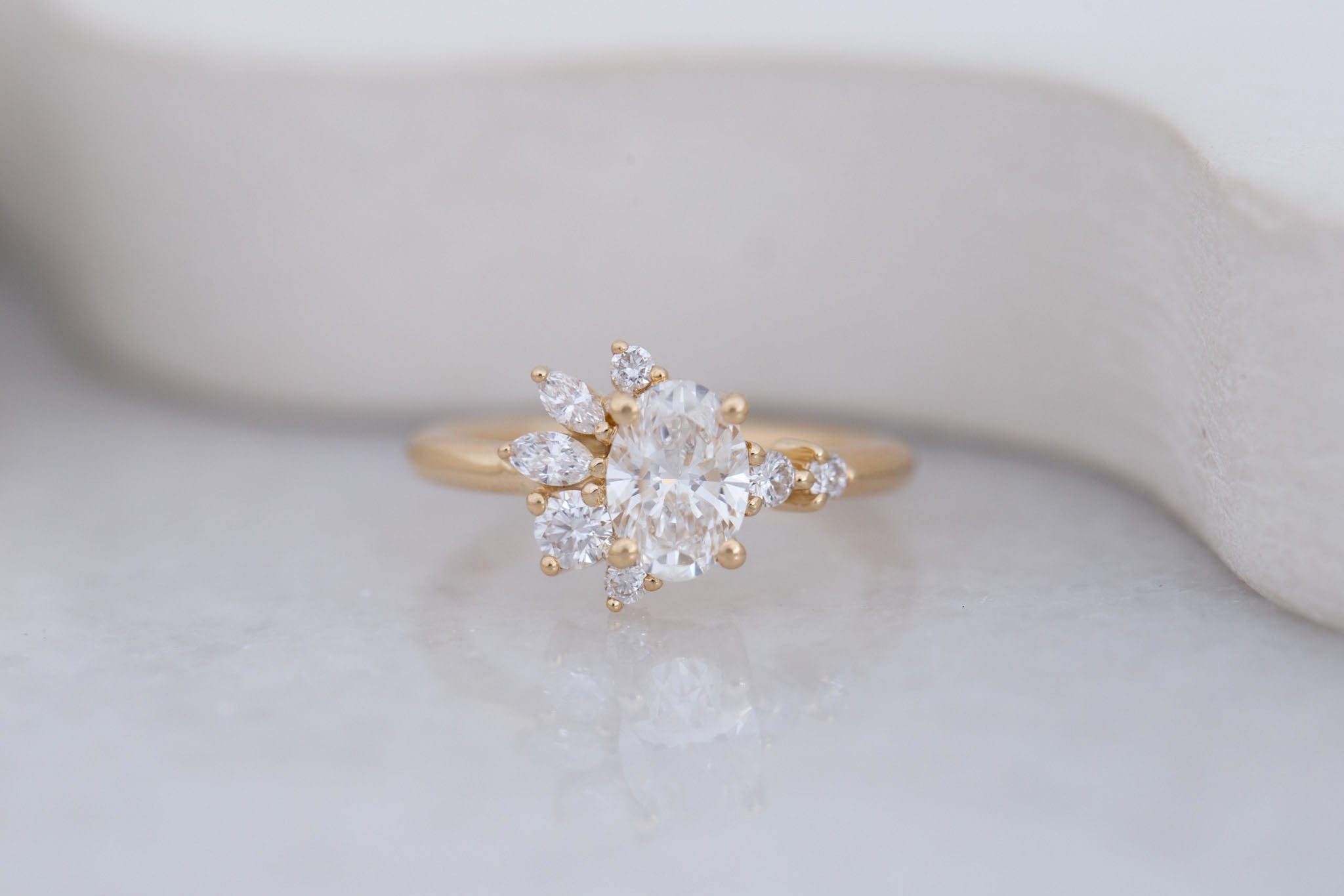 Ambretta Ring | Lab Oval Diamond + Lab Diamond Cluster Engagement Ring 1.02 ct | 14k Recycled Gold | One of a Kind