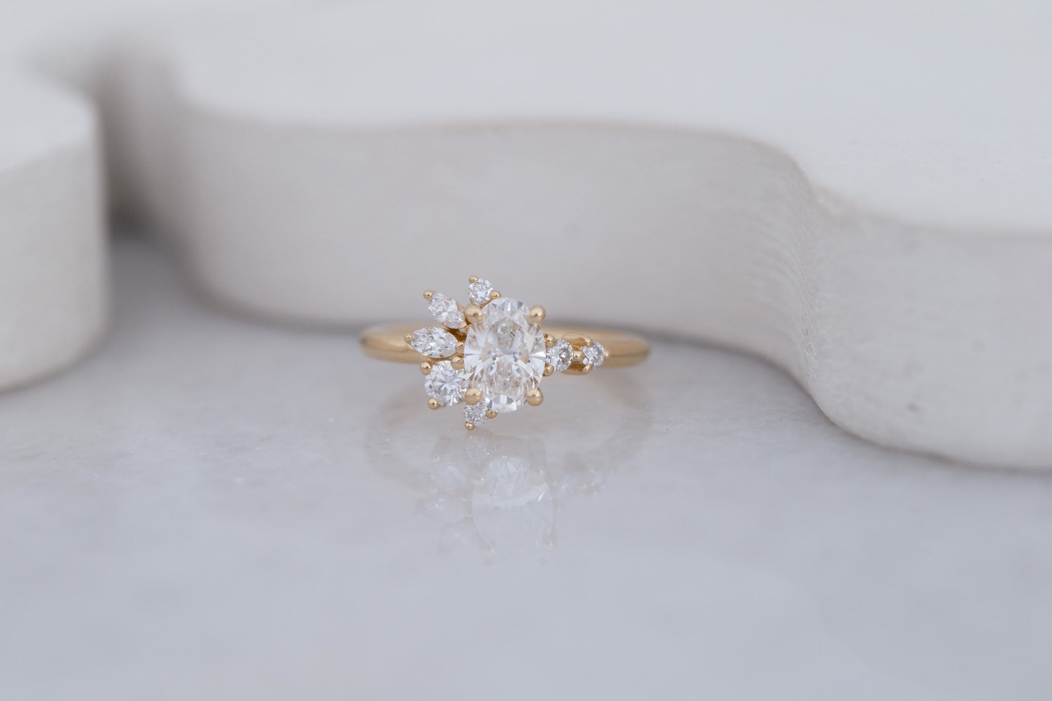 Ambretta Ring | Lab Oval Diamond + Lab Diamond Cluster Engagement Ring 1.02 ct | 14k Recycled Gold | One of a Kind