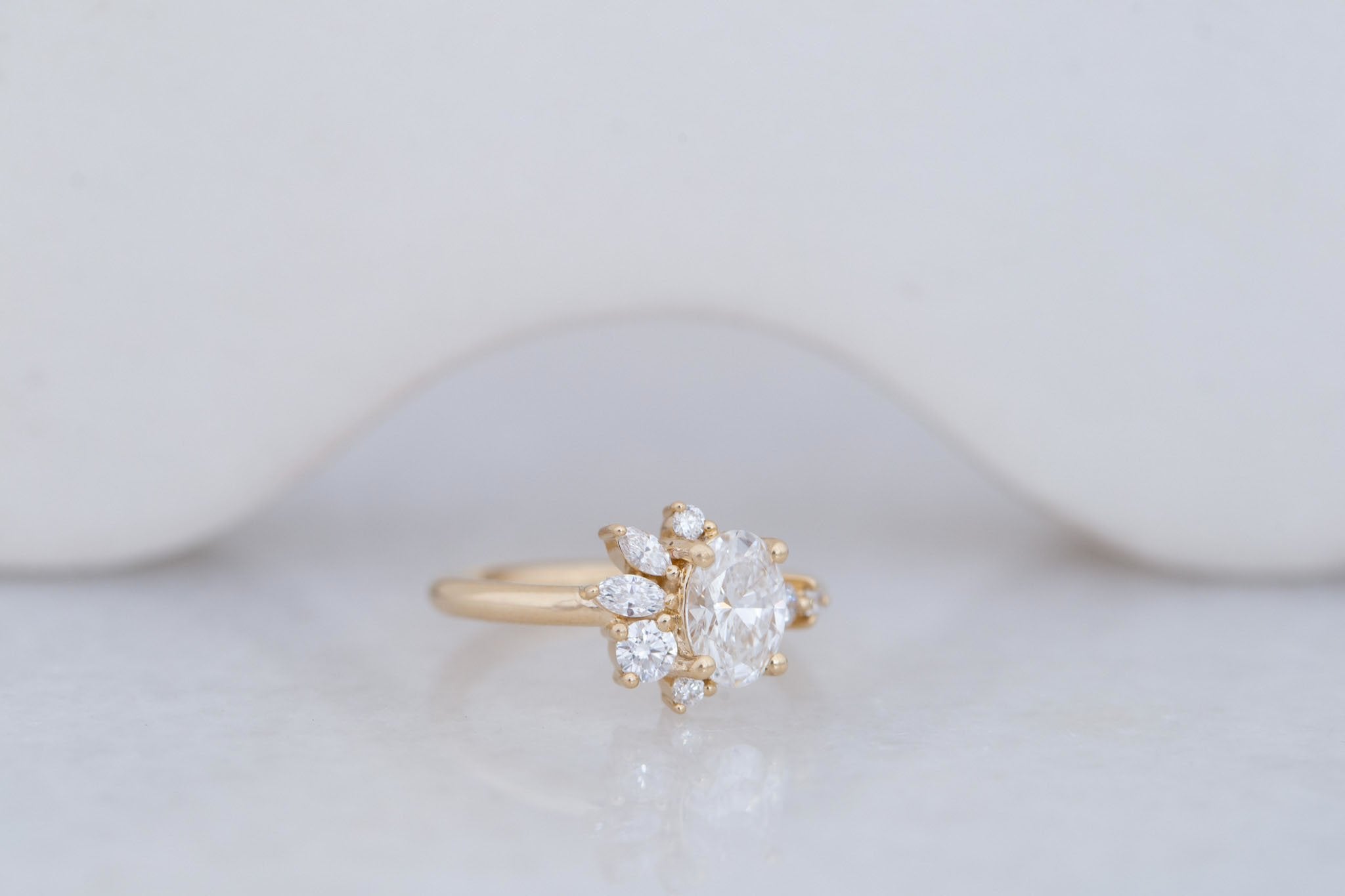 Ambretta Ring | Lab Oval Diamond + Lab Diamond Cluster Engagement Ring 1.02 ct | 14k Recycled Gold | One of a Kind