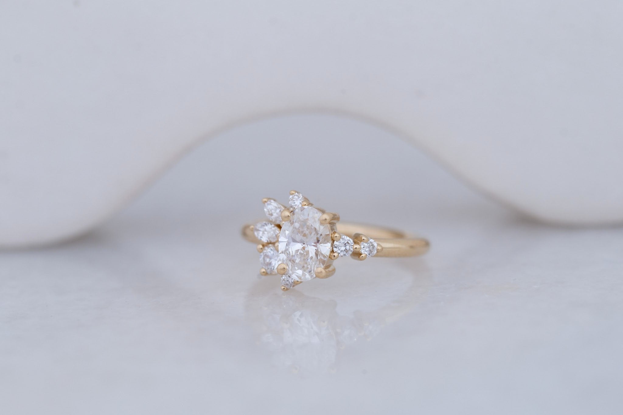 Ambretta Ring | Lab Oval Diamond + Lab Diamond Cluster Engagement Ring 1.02 ct | 14k Recycled Gold | One of a Kind