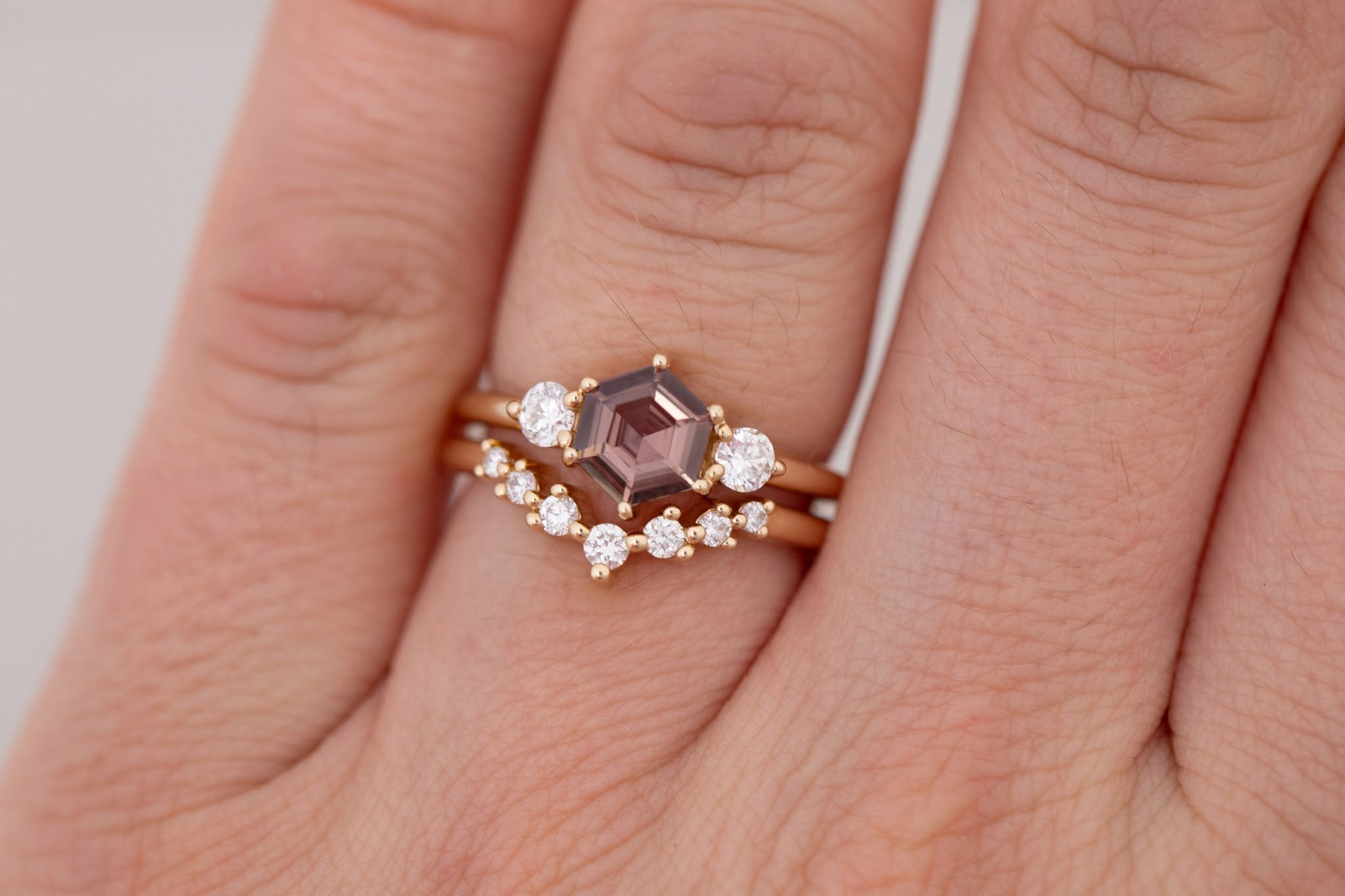 Maeve Ring | Brown Hexagon Sapphire + Round Diamond Accent Engagement Ring 1.04 ct | 14k Recycled Gold | One of a Kind
