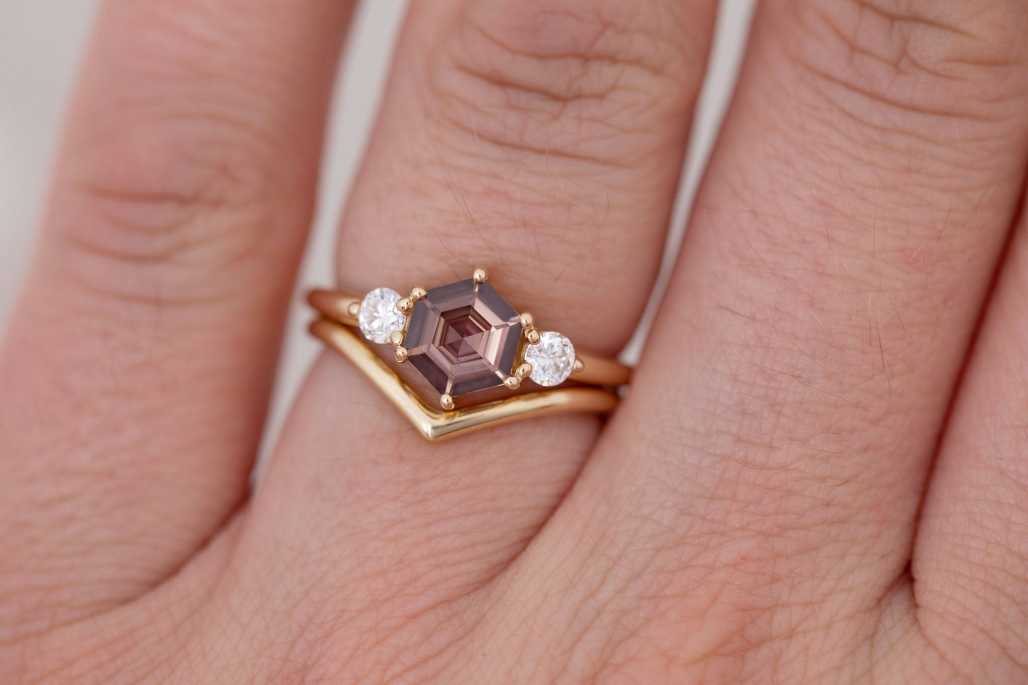 Maeve Ring | Brown Hexagon Sapphire + Round Diamond Accent Engagement Ring 1.04 ct | 14k Recycled Gold | One of a Kind