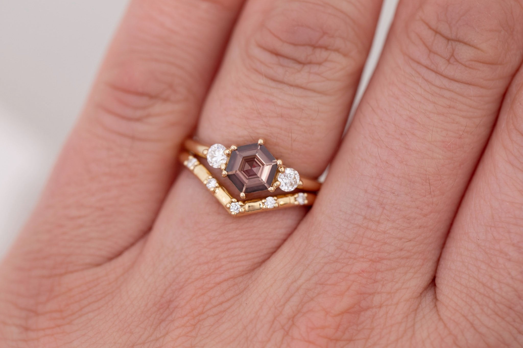 Maeve Ring | Brown Hexagon Sapphire + Round Diamond Accent Engagement Ring 1.04 ct | 14k Recycled Gold | One of a Kind