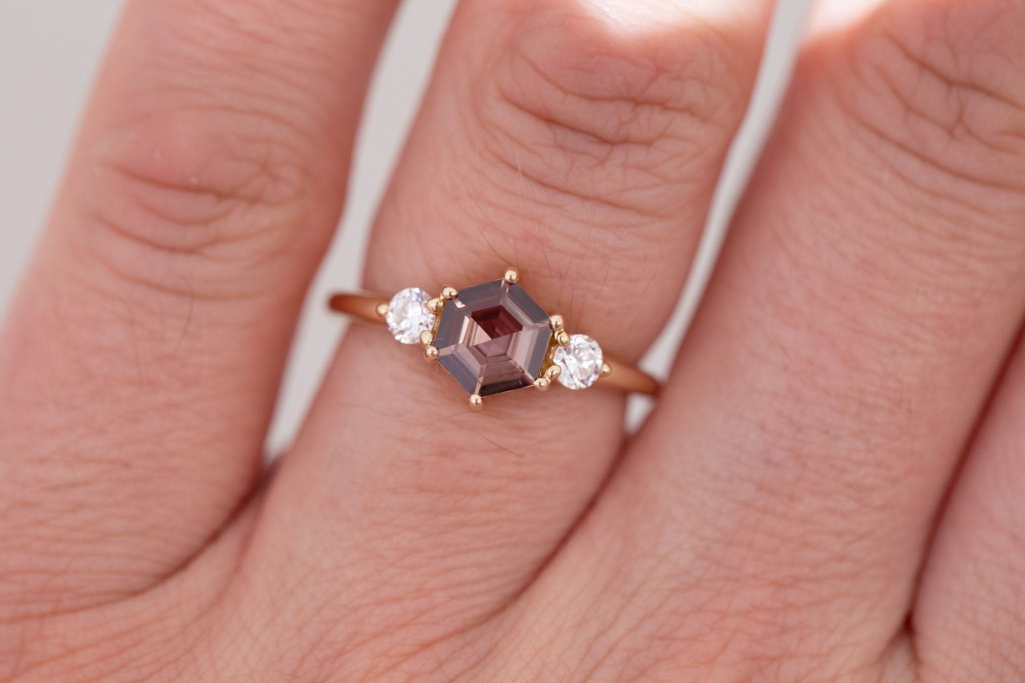 Maeve Ring | Brown Hexagon Sapphire + Round Diamond Accent Engagement Ring 1.04 ct | 14k Recycled Gold | One of a Kind