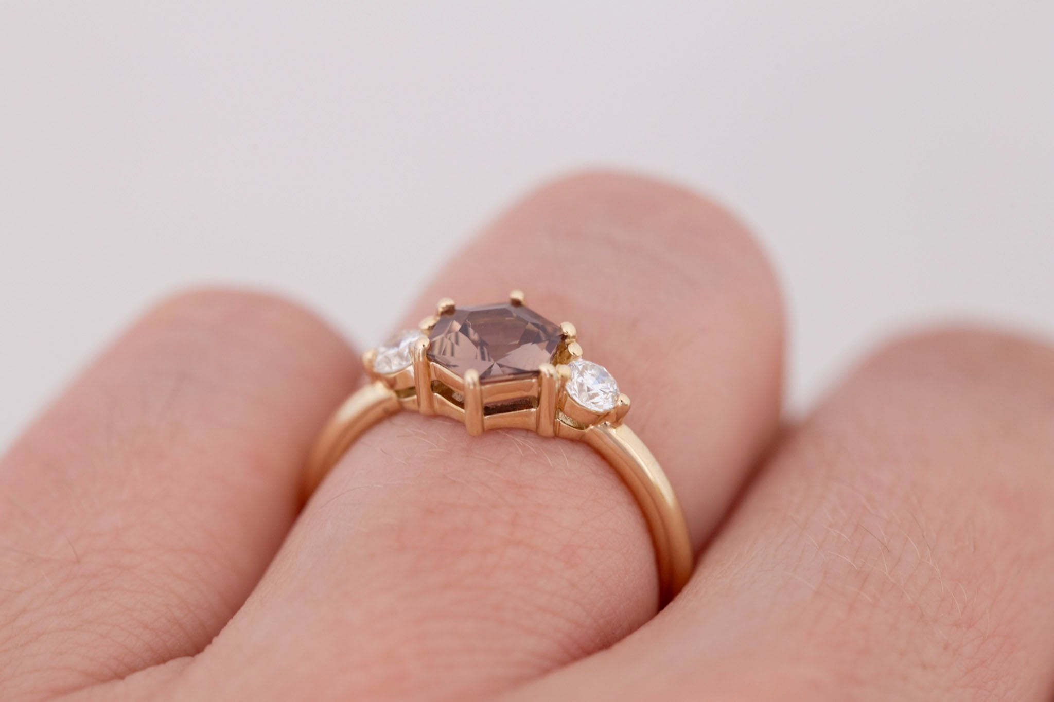 Maeve Ring | Brown Hexagon Sapphire + Round Diamond Accent Engagement Ring 1.04 ct | 14k Recycled Gold | One of a Kind