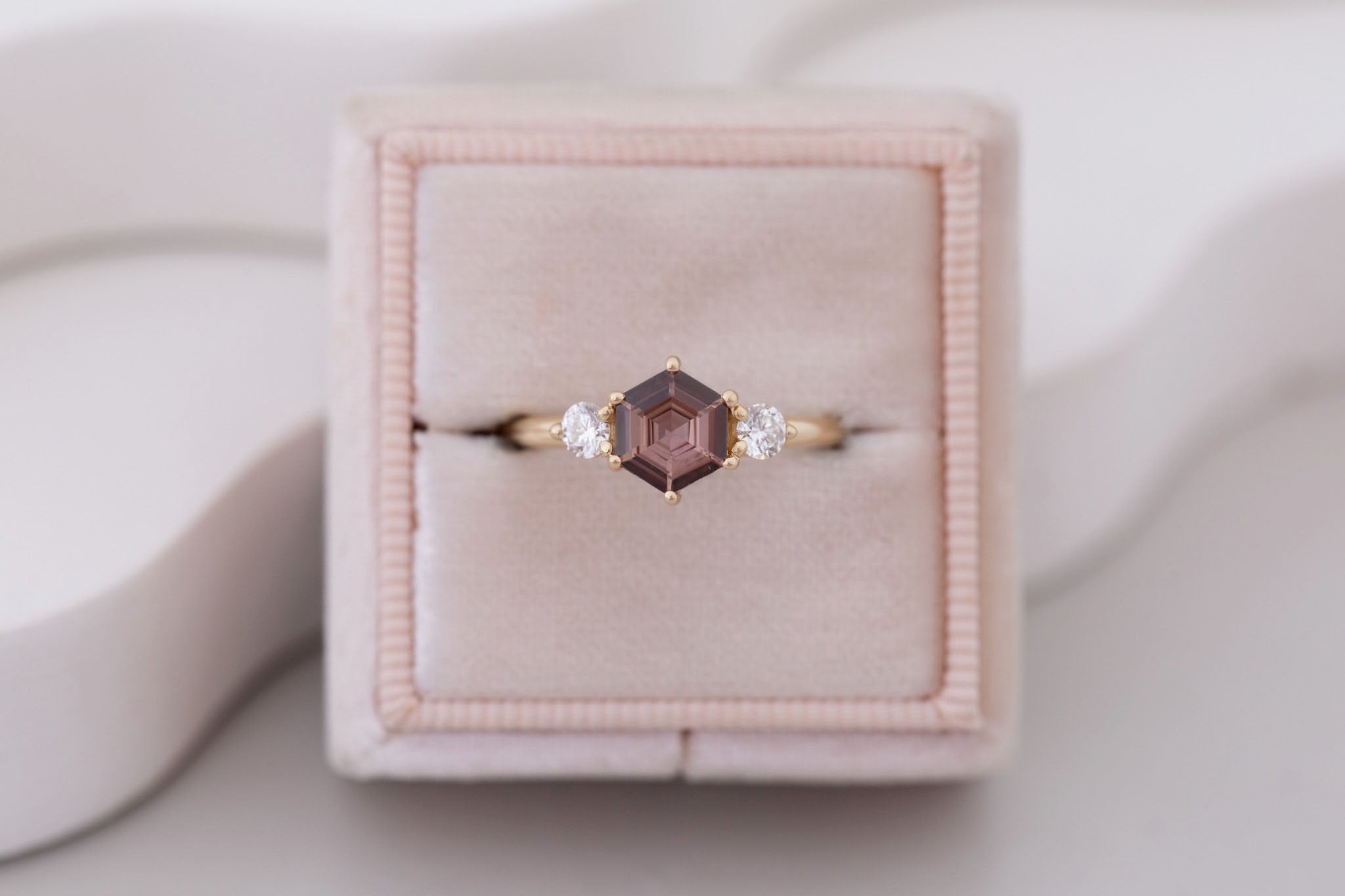 Maeve Ring | Brown Hexagon Sapphire + Round Diamond Accent Engagement Ring 1.04 ct | 14k Recycled Gold | One of a Kind