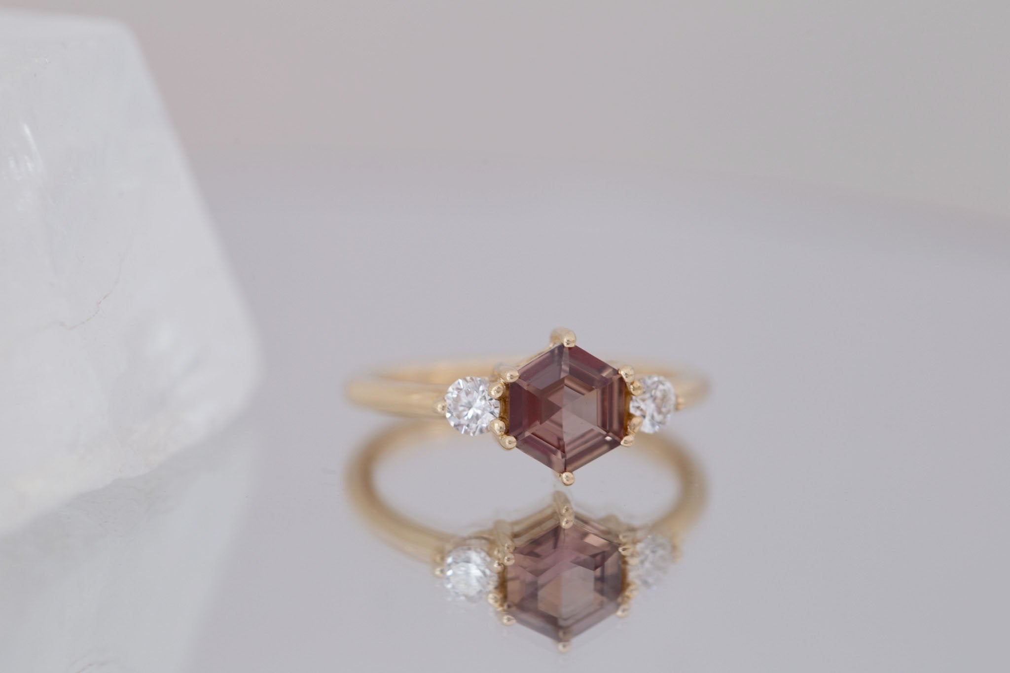 Maeve Ring | Brown Hexagon Sapphire + Round Diamond Accent Engagement Ring 1.04 ct | 14k Recycled Gold | One of a Kind