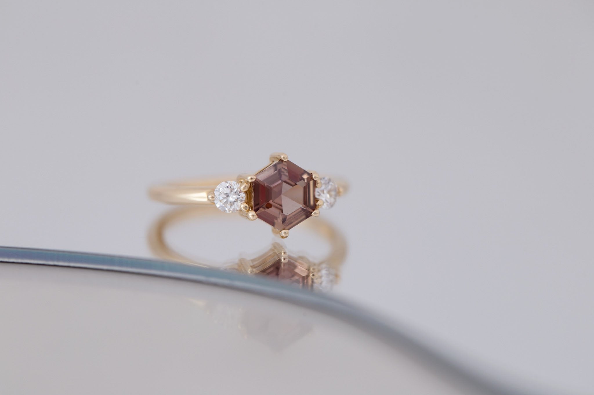 Maeve Ring | Brown Hexagon Sapphire + Round Diamond Accent Engagement Ring 1.04 ct | 14k Recycled Gold | One of a Kind