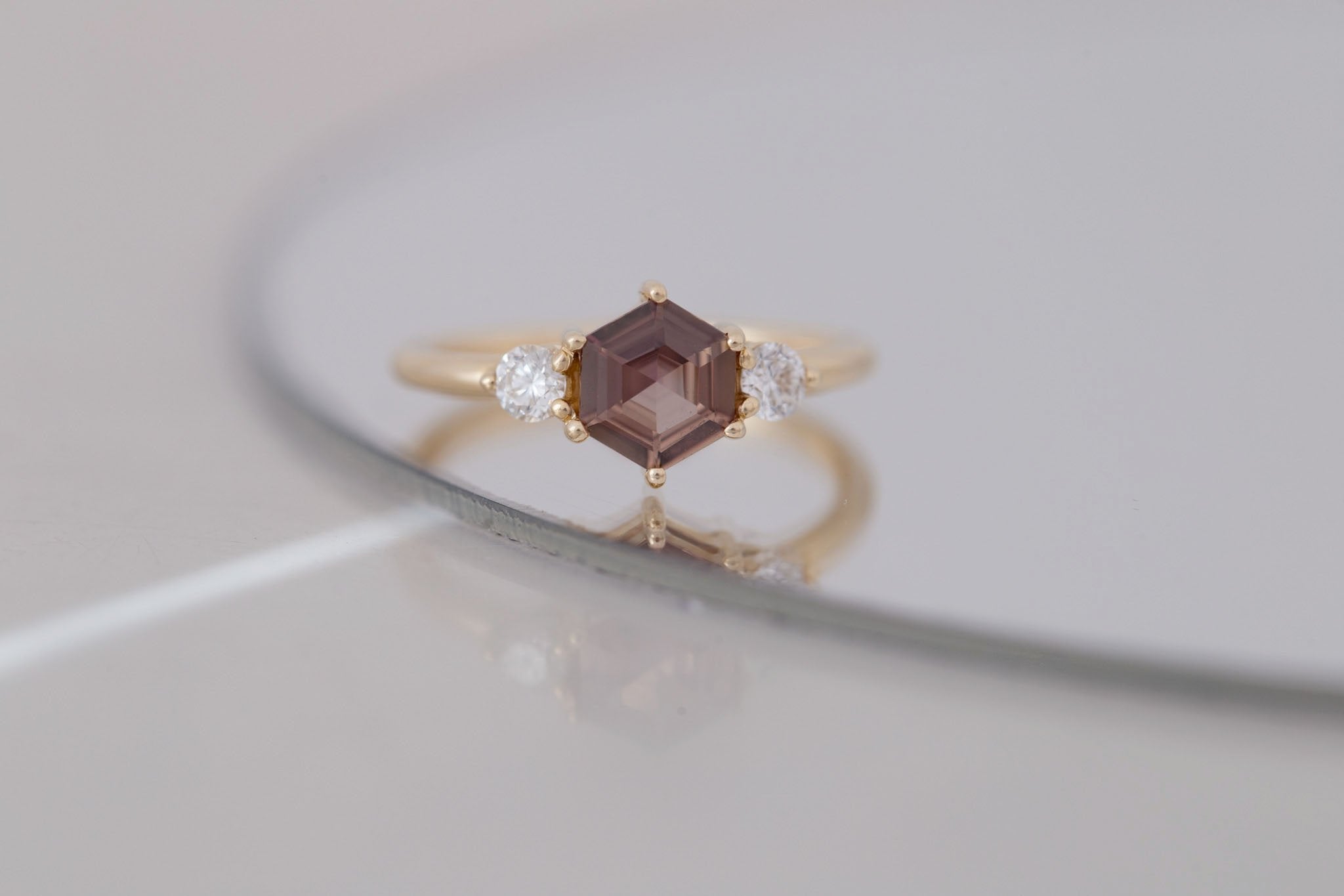 Maeve Ring | Brown Hexagon Sapphire + Round Diamond Accent Engagement Ring 1.04 ct | 14k Recycled Gold | One of a Kind