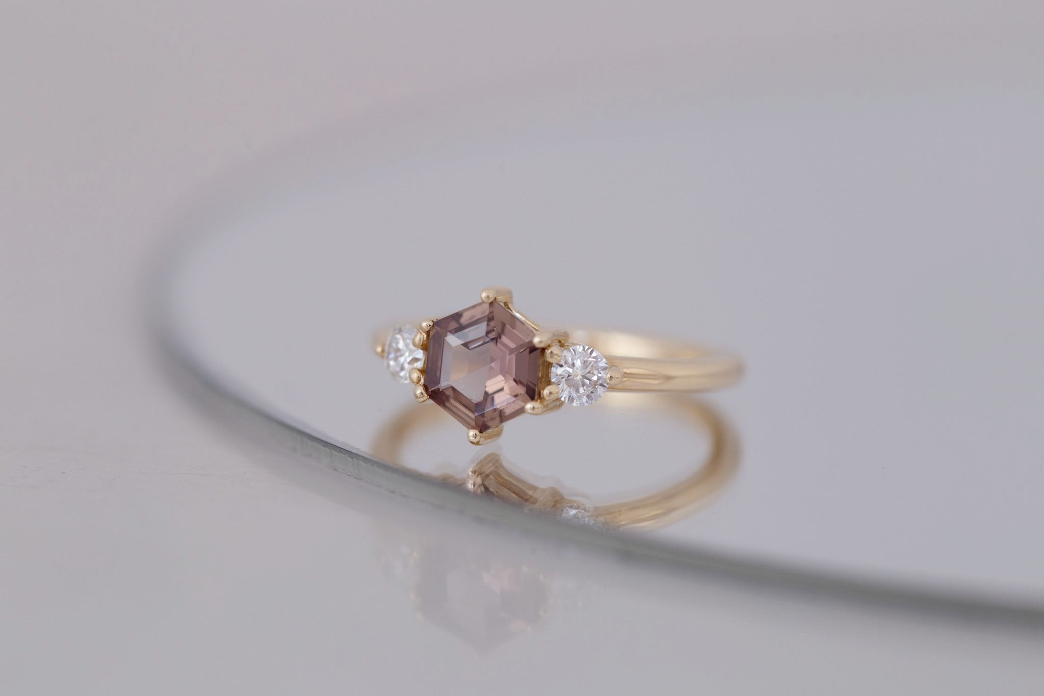 Maeve Ring | Brown Hexagon Sapphire + Round Diamond Accent Engagement Ring 1.04 ct | 14k Recycled Gold | One of a Kind