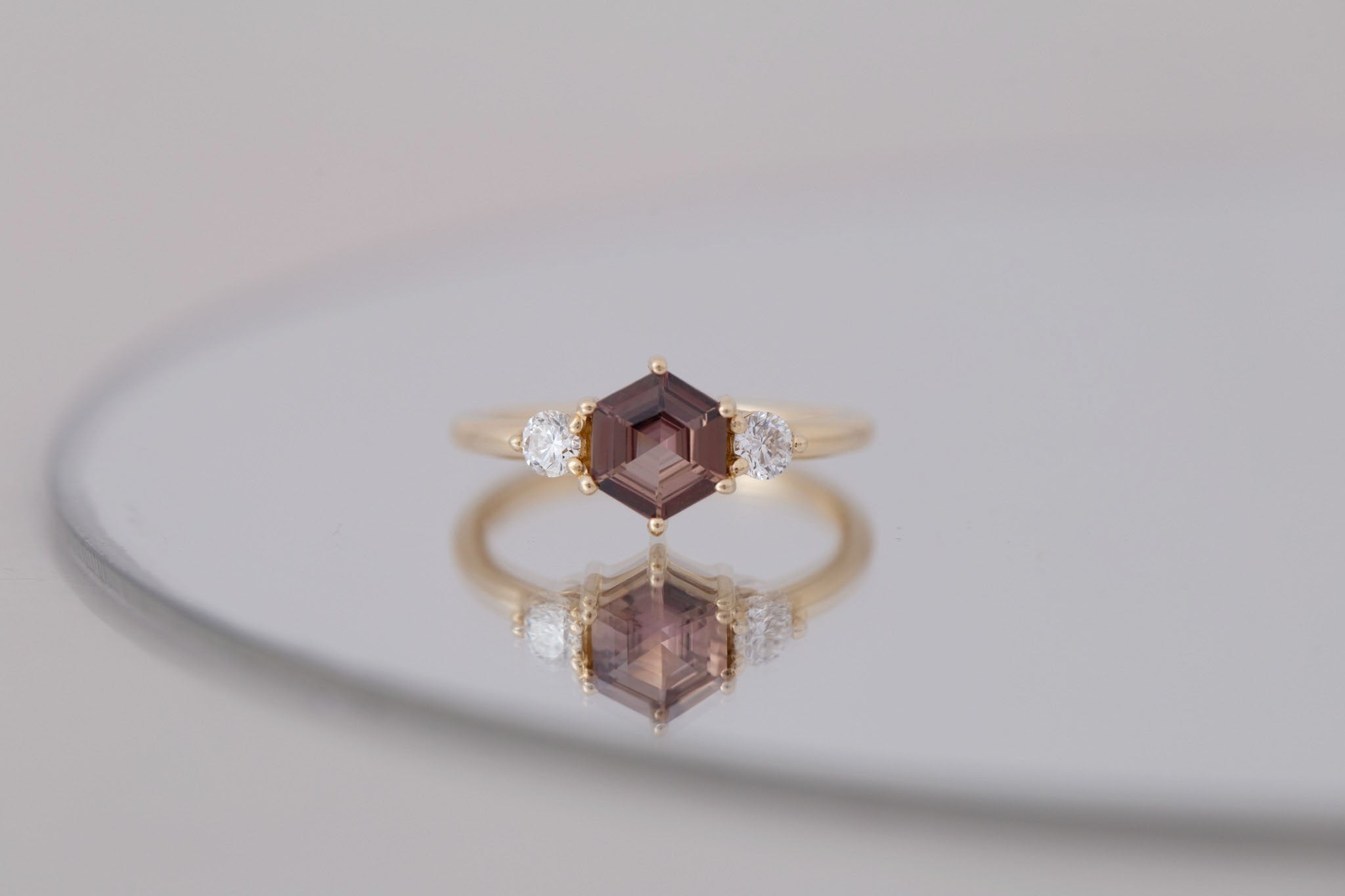 Maeve Ring | Brown Hexagon Sapphire + Round Diamond Accent Engagement Ring 1.04 ct | 14k Recycled Gold | One of a Kind