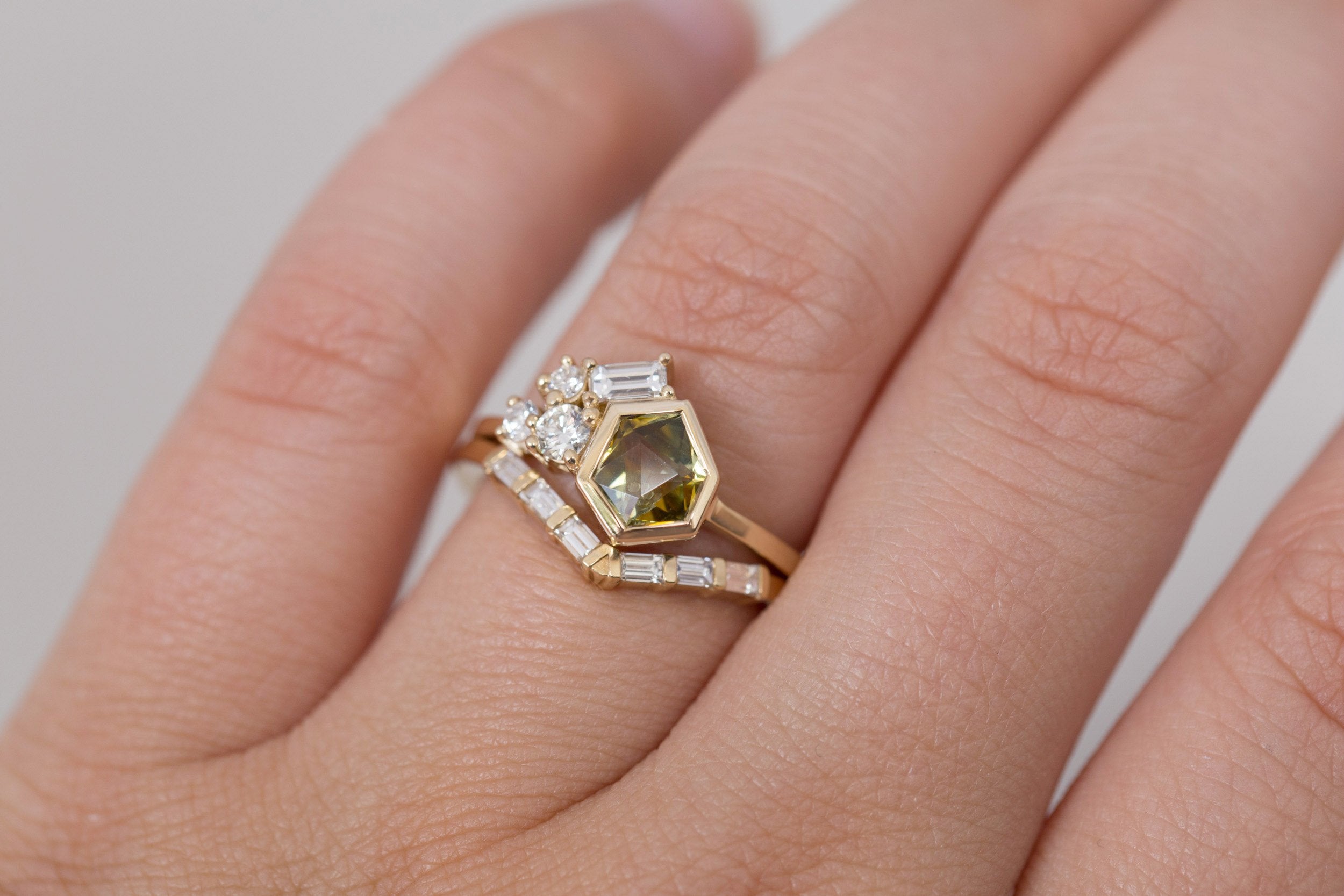 Sarria Ring | Yellow Green Geocut Sapphire + Diamond Cluster Engagement Ring 1.04 ct | 14k Recycled Gold | One of a Kind