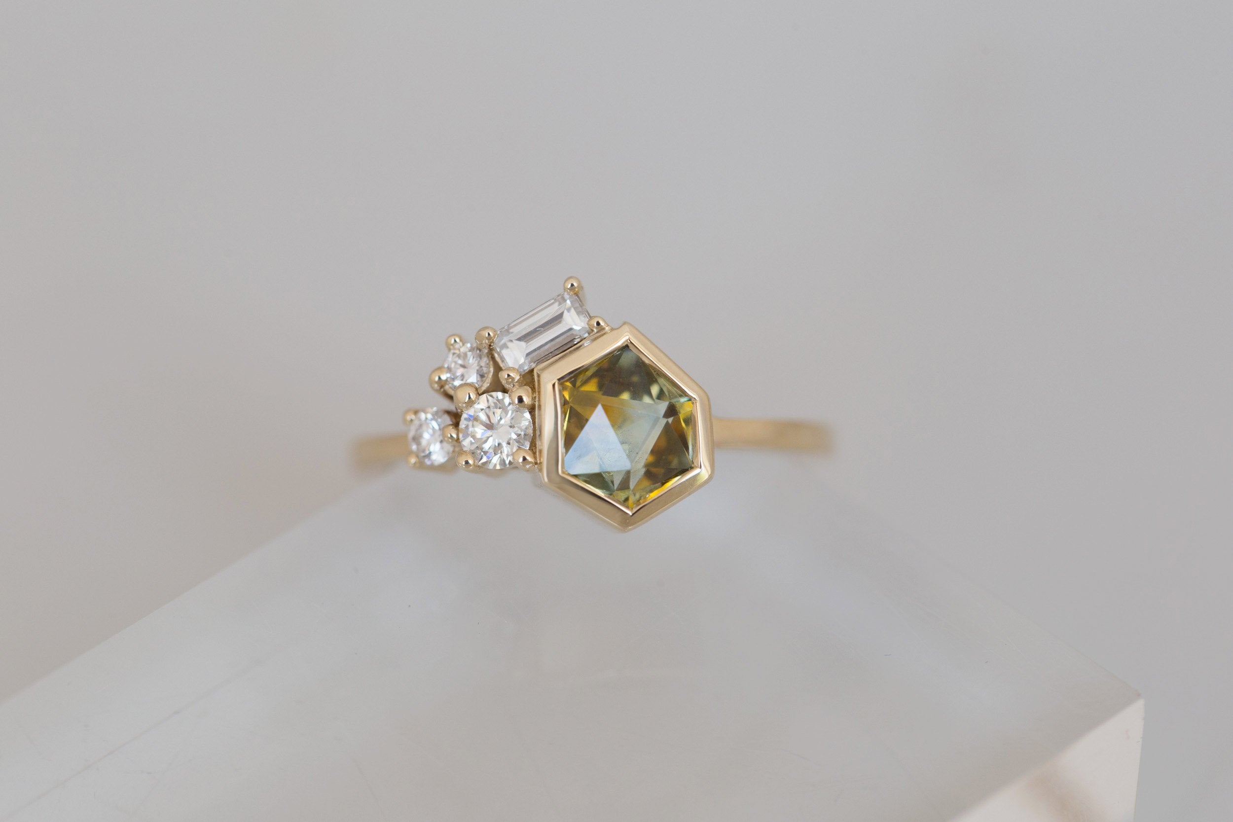Sarria Ring | Yellow Green Geocut Sapphire + Diamond Cluster Engagement Ring 1.04 ct | 14k Recycled Gold | One of a Kind