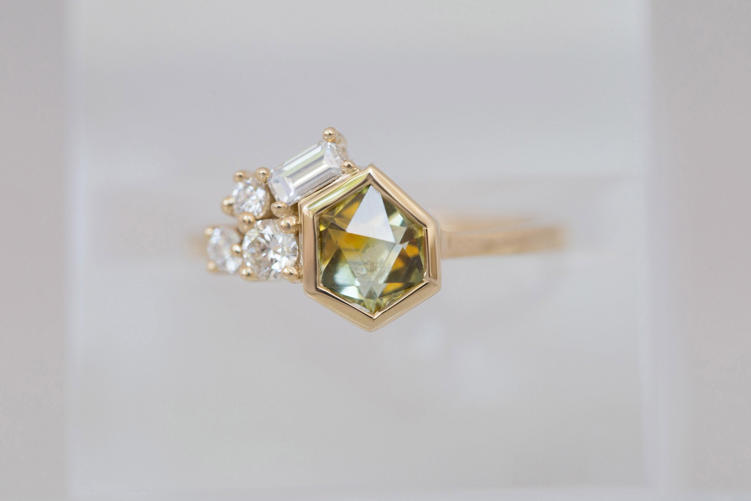 Sarria Ring | Yellow Green Geocut Sapphire + Diamond Cluster Engagement Ring 1.04 ct | 14k Recycled Gold | One of a Kind