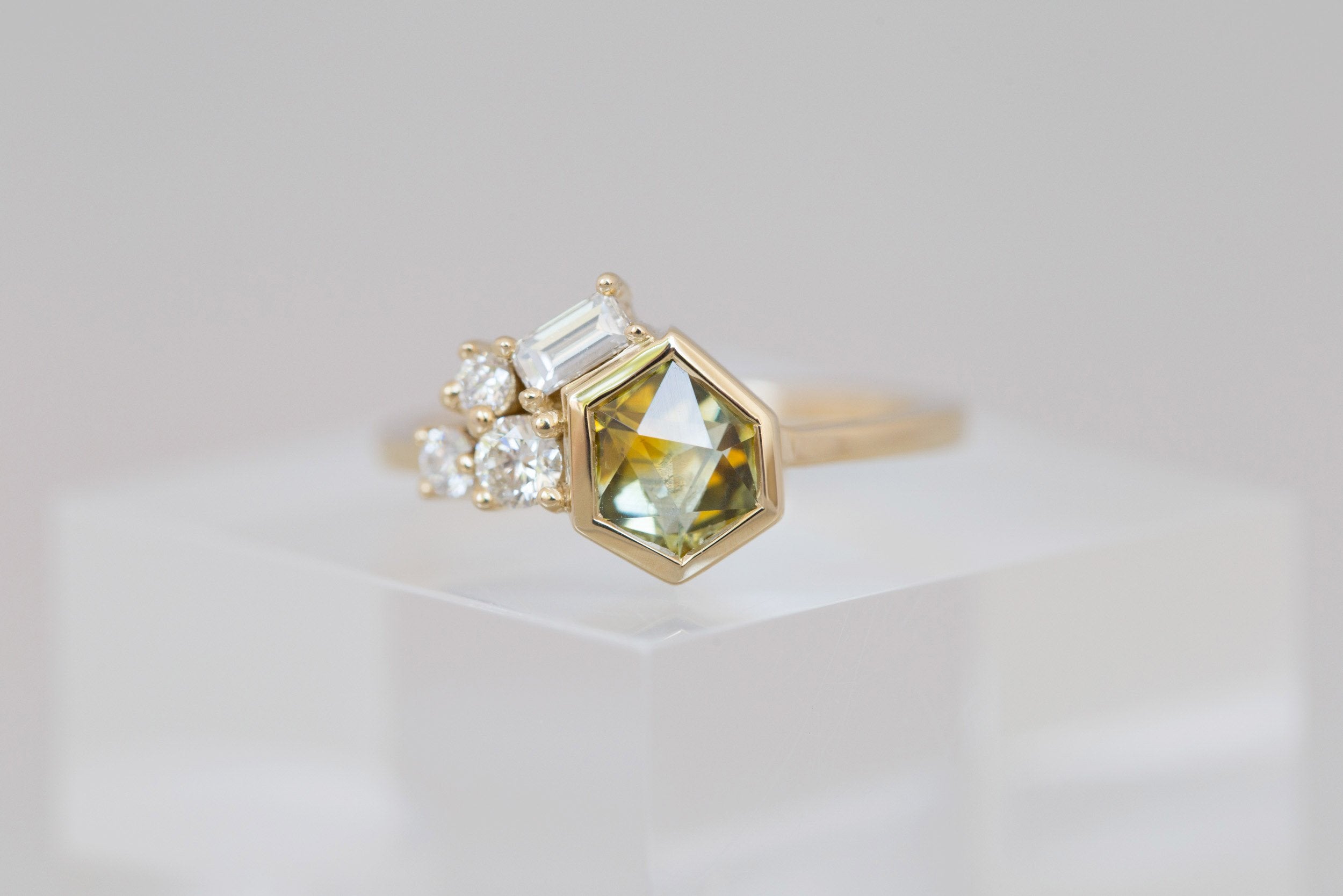 Sarria Ring | Yellow Green Geocut Sapphire + Diamond Cluster Engagement Ring 1.04 ct | 14k Recycled Gold | One of a Kind