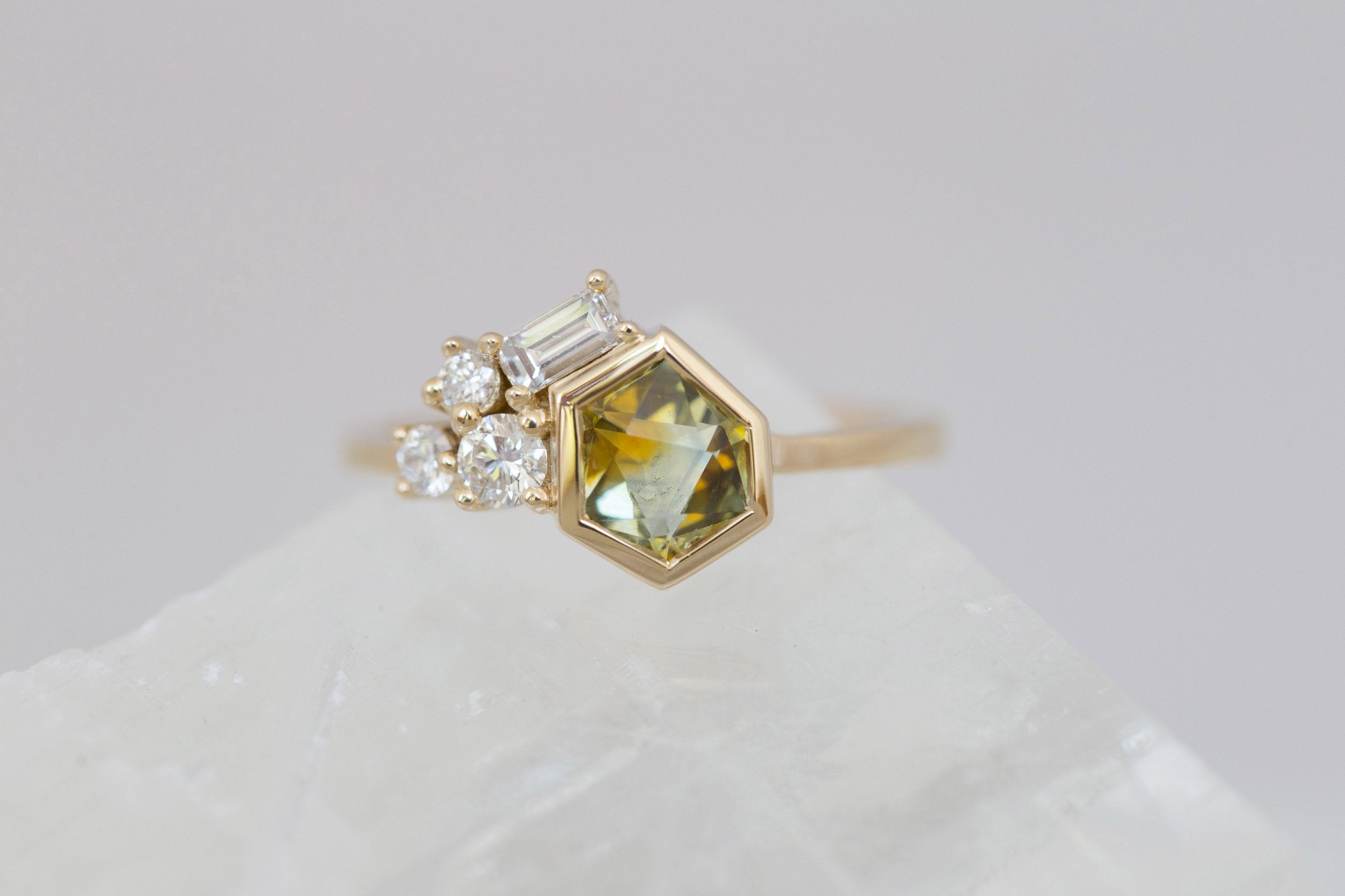 Sarria Ring | Yellow Green Geocut Sapphire + Diamond Cluster Engagement Ring 1.04 ct | 14k Recycled Gold | One of a Kind