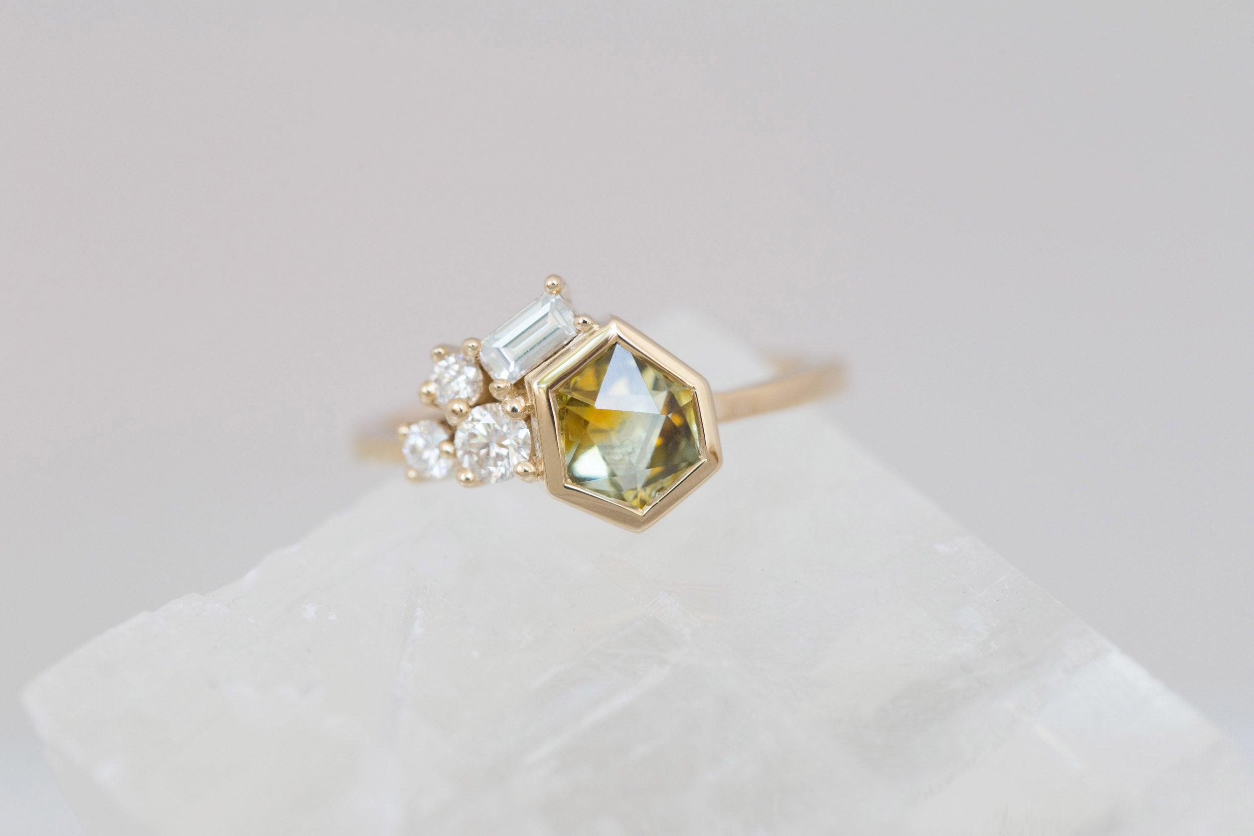 Sarria Ring | Yellow Green Geocut Sapphire + Diamond Cluster Engagement Ring 1.04 ct | 14k Recycled Gold | One of a Kind