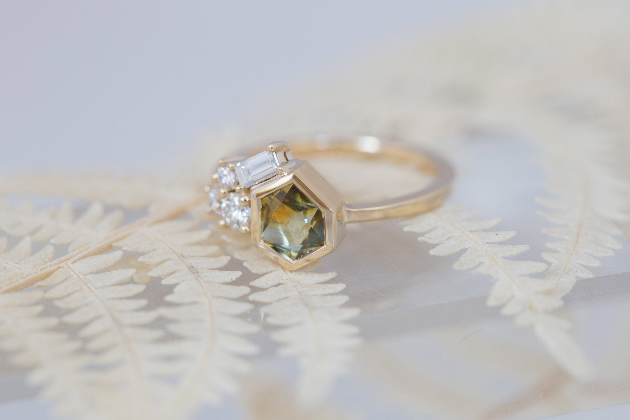Sarria Ring | Yellow Green Geocut Sapphire + Diamond Cluster Engagement Ring 1.04 ct | 14k Recycled Gold | One of a Kind