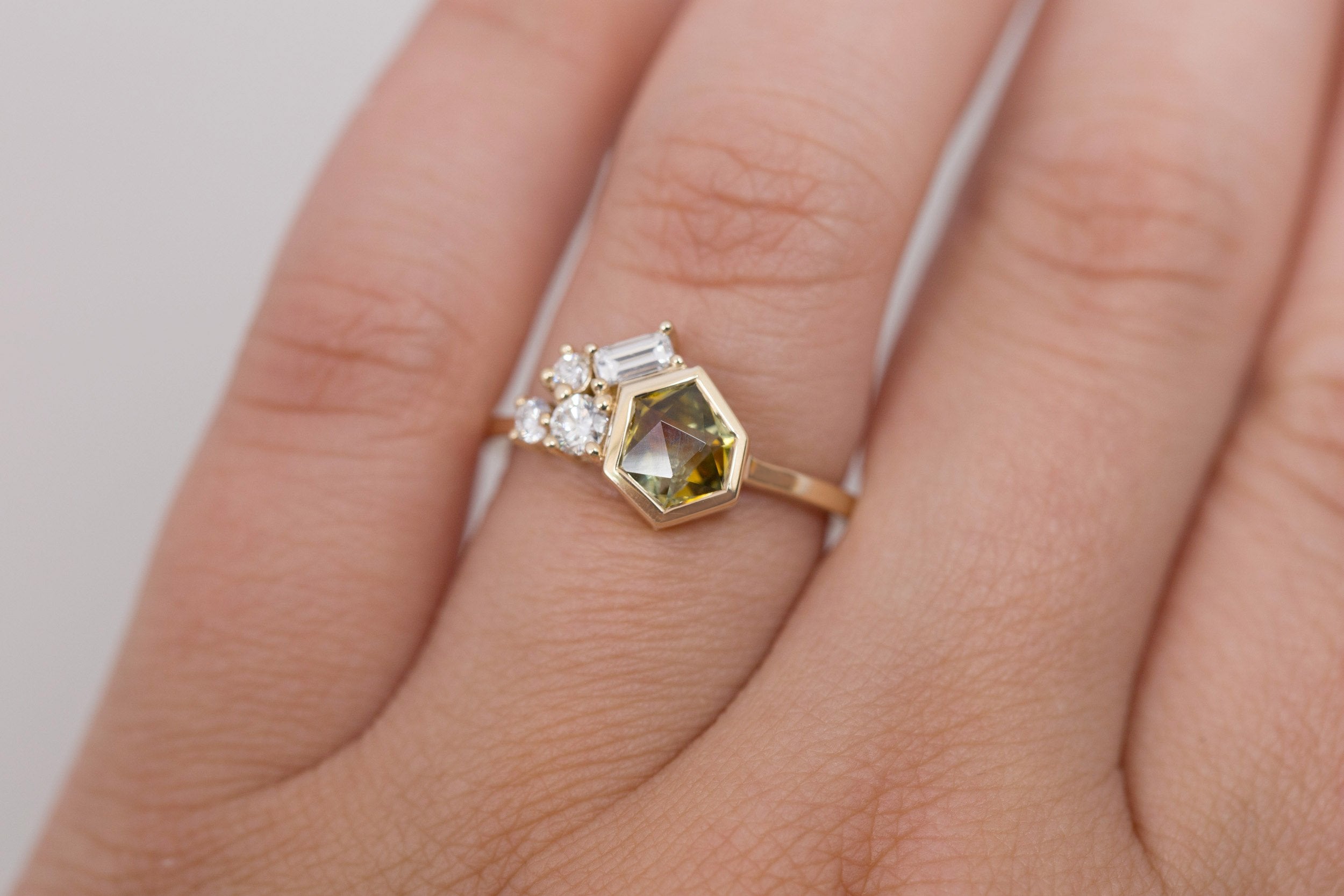 Sarria Ring | Yellow Green Geocut Sapphire + Diamond Cluster Engagement Ring 1.04 ct | 14k Recycled Gold | One of a Kind