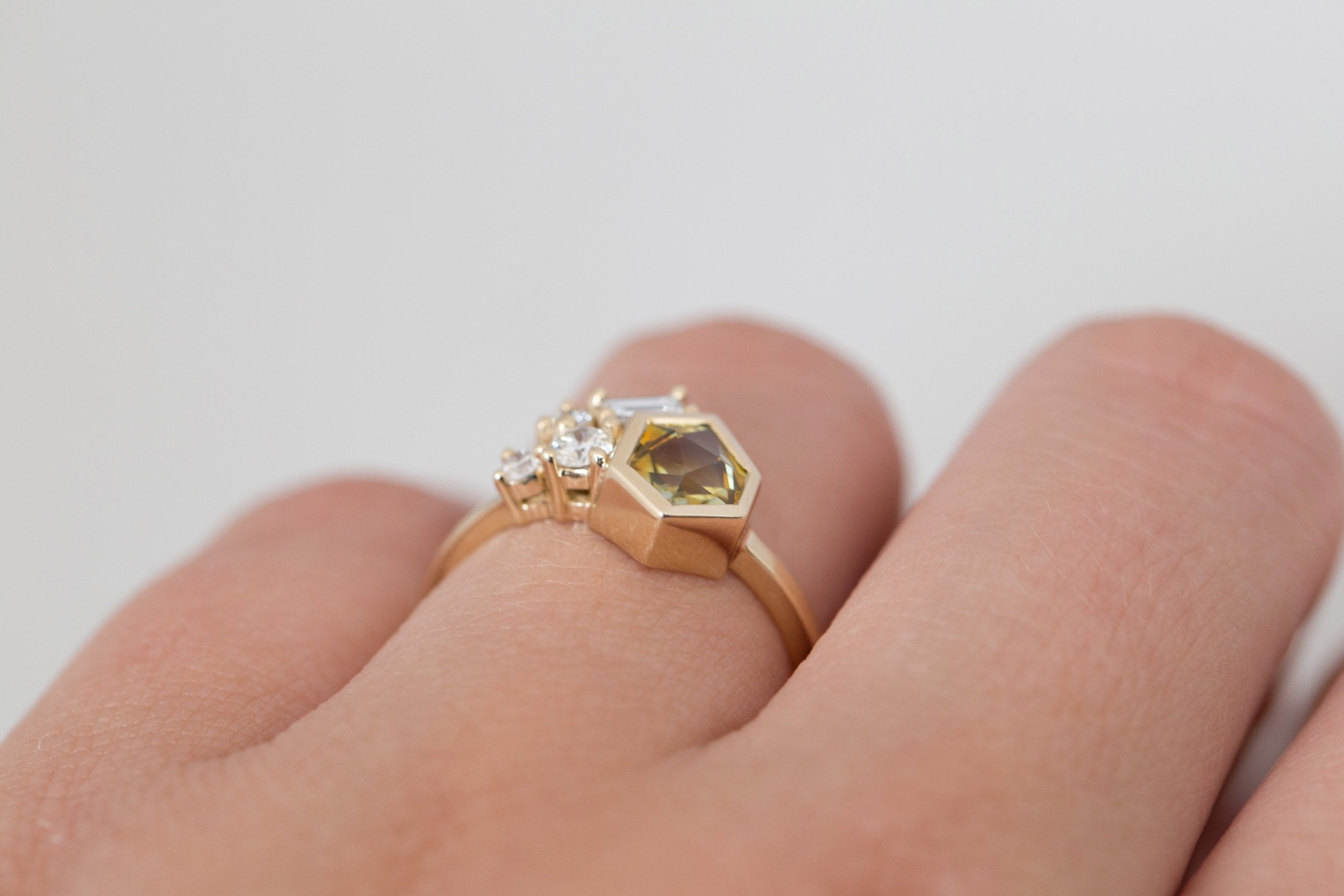 Sarria Ring | Yellow Green Geocut Sapphire + Diamond Cluster Engagement Ring 1.04 ct | 14k Recycled Gold | One of a Kind