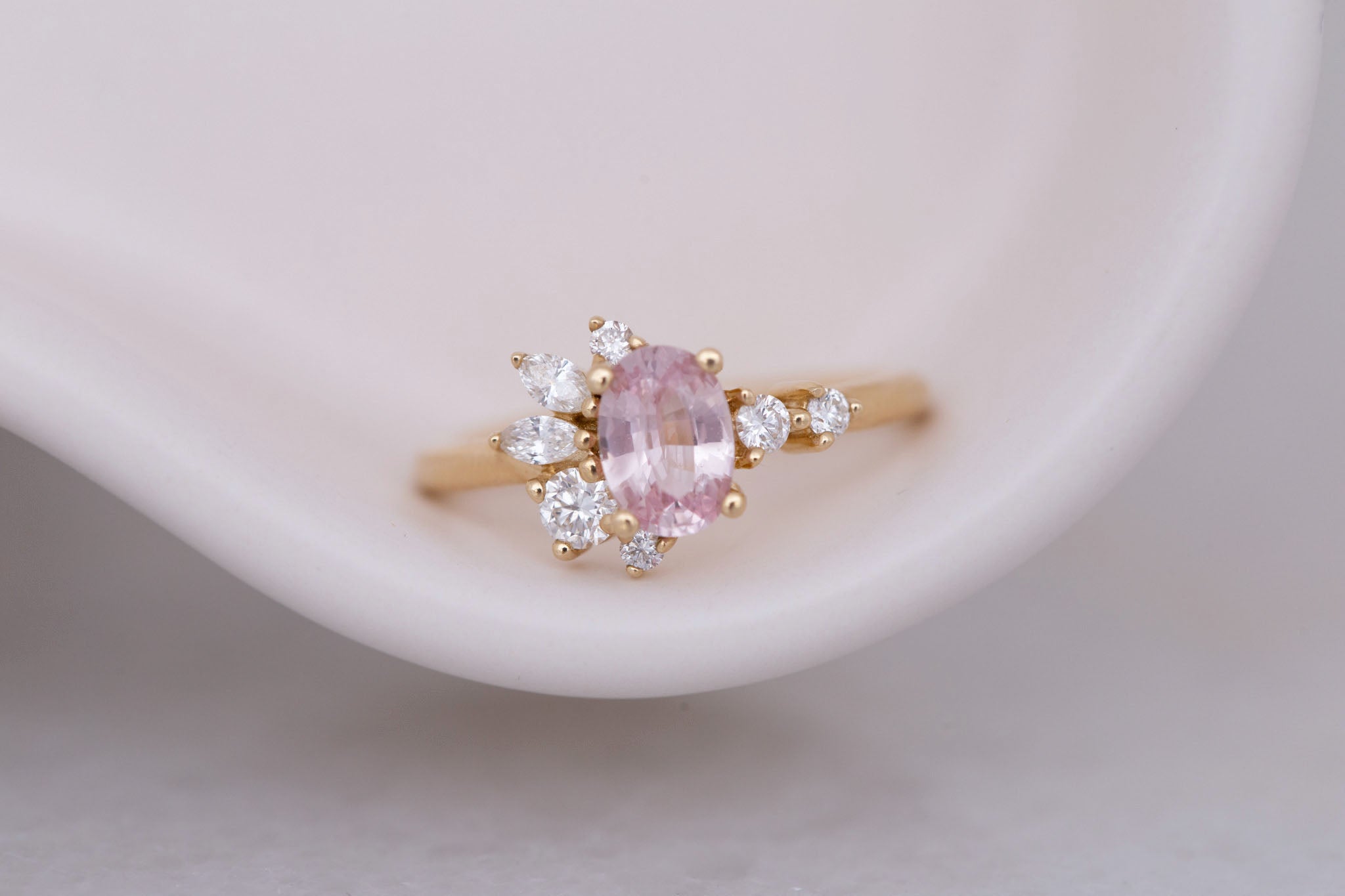 Ambretta Ring | Pink Oval Sapphire + Diamond Cluster Engagement Ring 1.05 ct | 14k Recycled Gold | One of a Kind