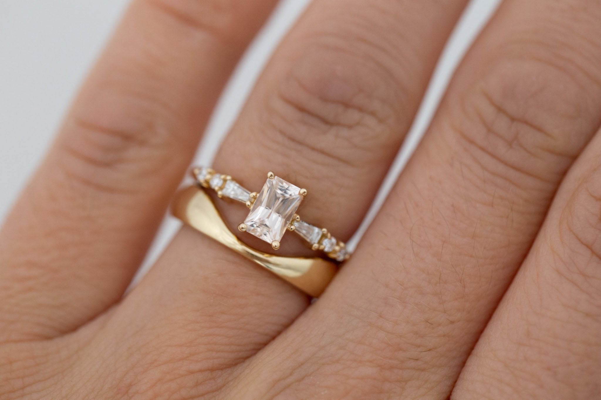 Liesel Ring | Blush Radiant Cut Sapphire + Diamond Baguette Accent Engagement Ring 1.05 ct | 14k Recycled Gold | One of a Kind