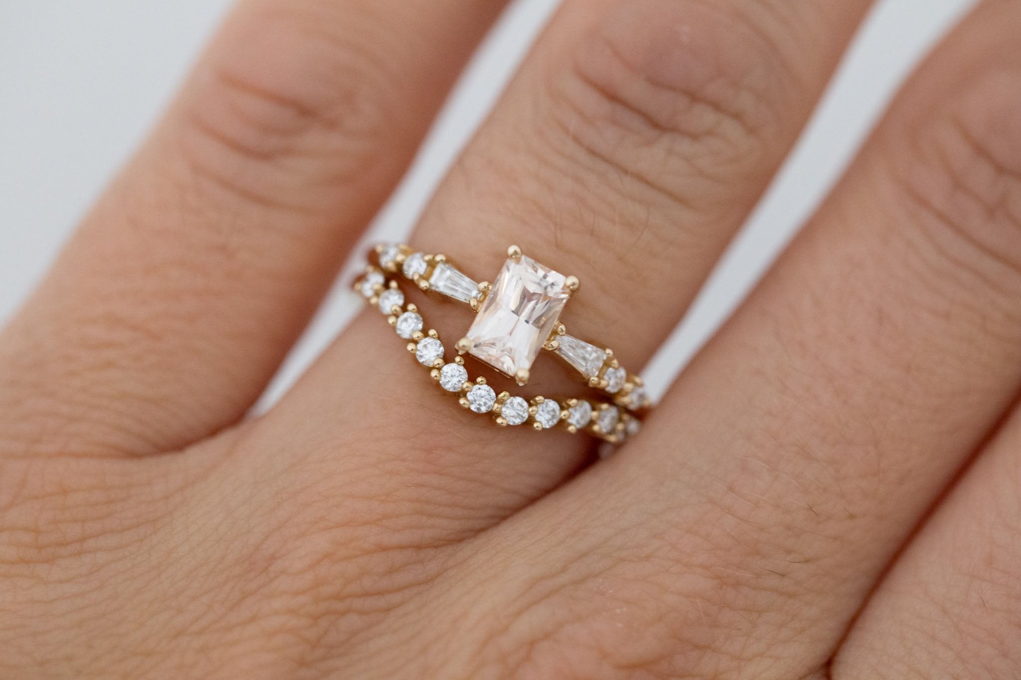Liesel Ring | Blush Radiant Cut Sapphire + Diamond Baguette Accent Engagement Ring 1.05 ct | 14k Recycled Gold | One of a Kind