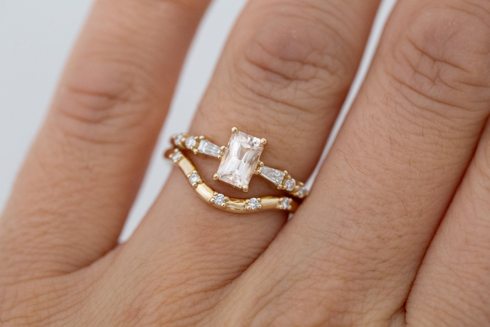 Liesel Ring | Blush Radiant Cut Sapphire + Diamond Baguette Accent Engagement Ring 1.05 ct | 14k Recycled Gold | One of a Kind