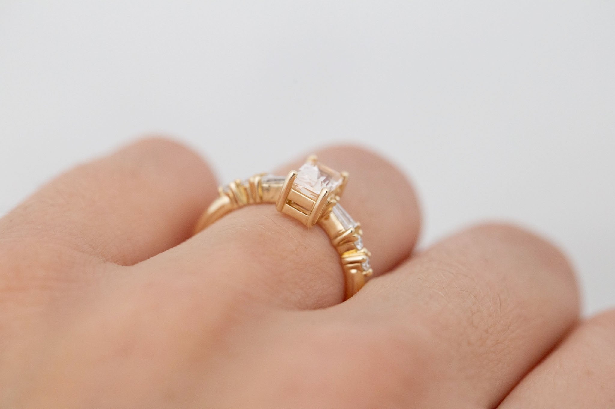 Liesel Ring | Blush Radiant Cut Sapphire + Diamond Baguette Accent Engagement Ring 1.05 ct | 14k Recycled Gold | One of a Kind