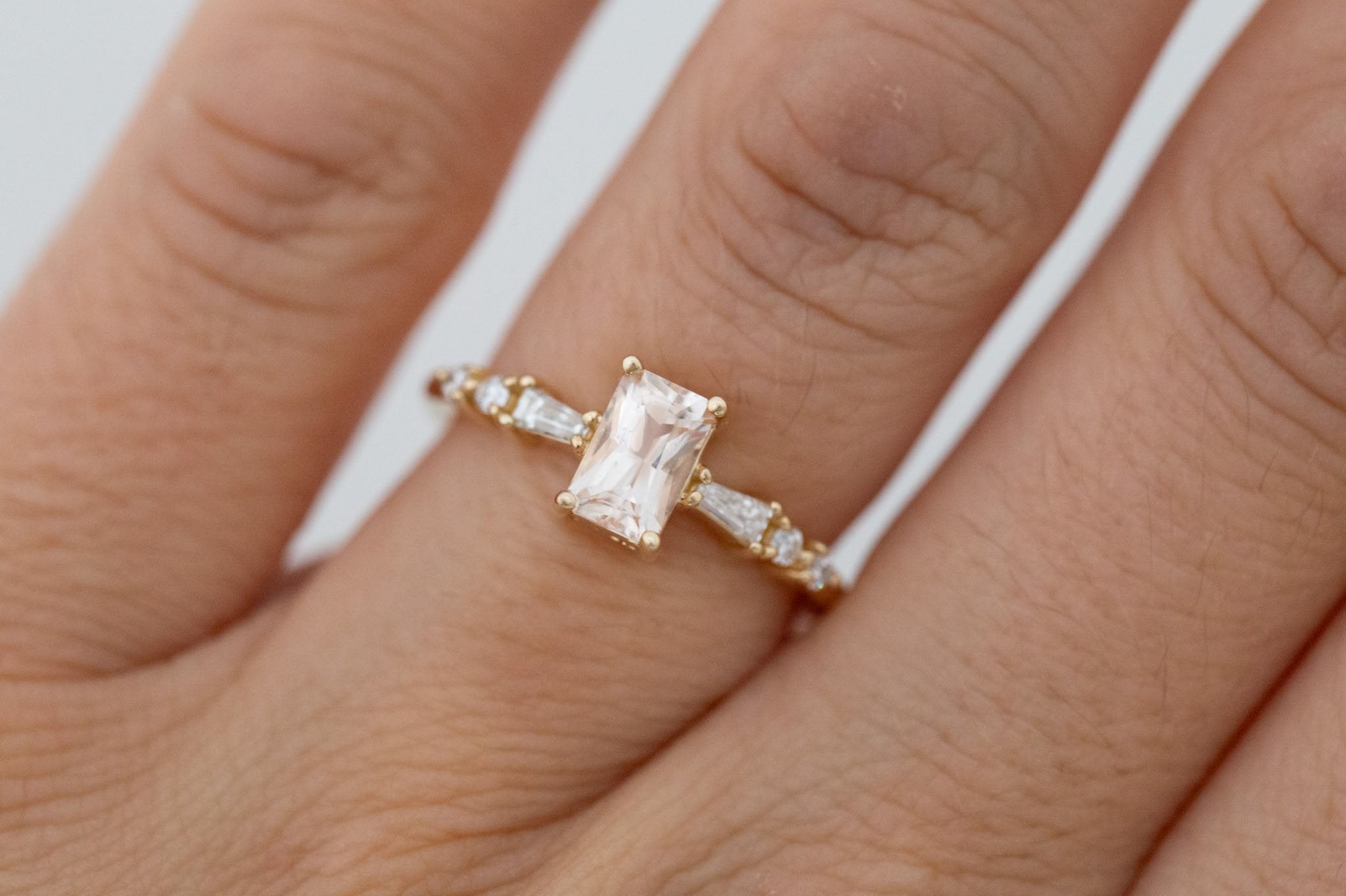 Liesel Ring | Blush Radiant Cut Sapphire + Diamond Baguette Accent Engagement Ring 1.05 ct | 14k Recycled Gold | One of a Kind
