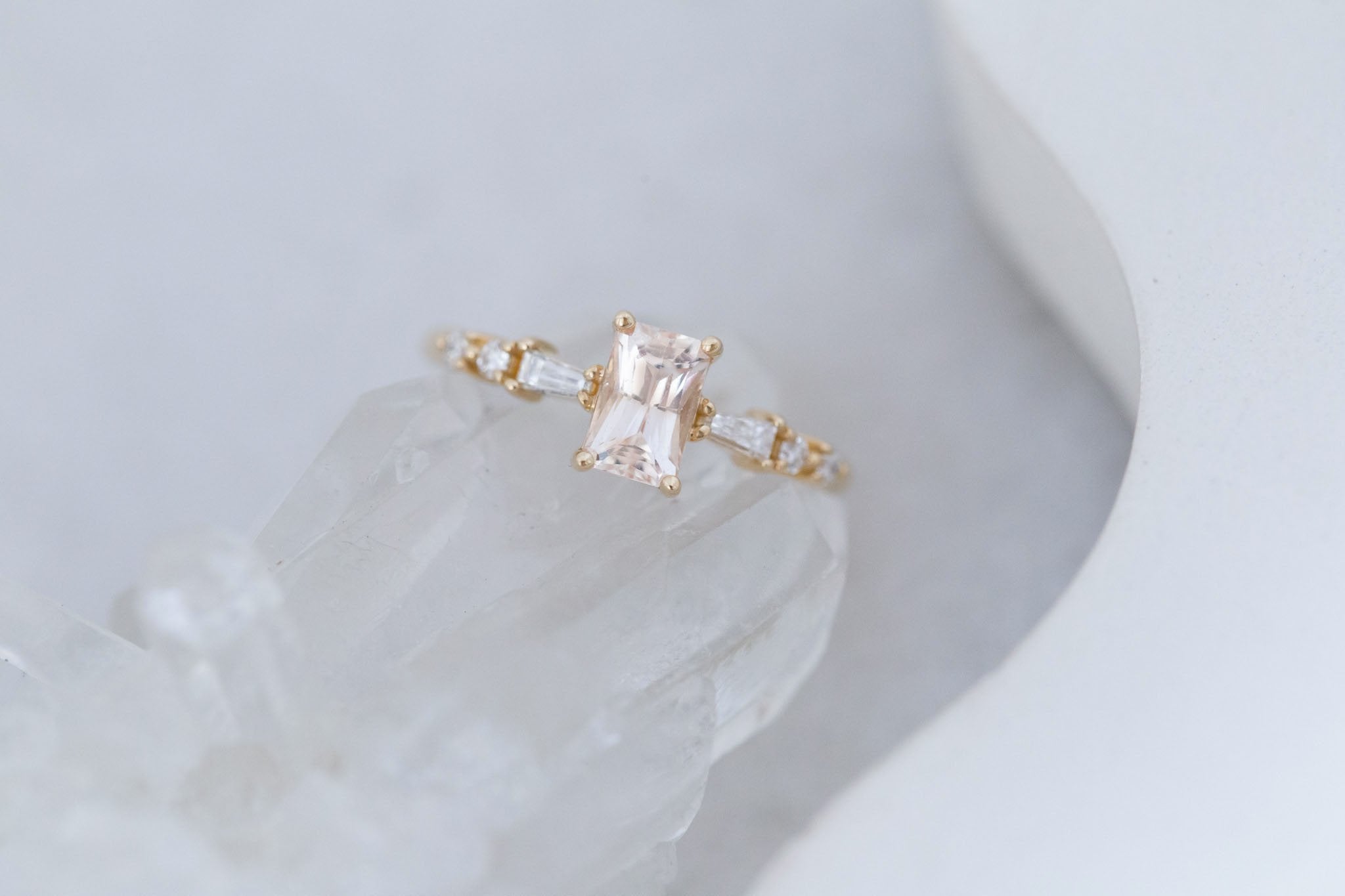 Liesel Ring | Blush Radiant Cut Sapphire + Diamond Baguette Accent Engagement Ring 1.05 ct | 14k Recycled Gold | One of a Kind