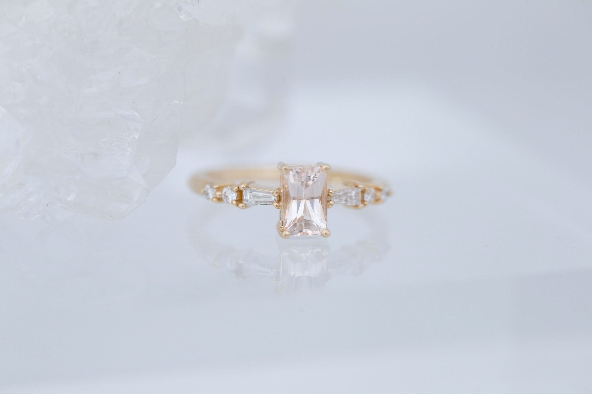 Liesel Ring | Blush Radiant Cut Sapphire + Diamond Baguette Accent Engagement Ring 1.05 ct | 14k Recycled Gold | One of a Kind