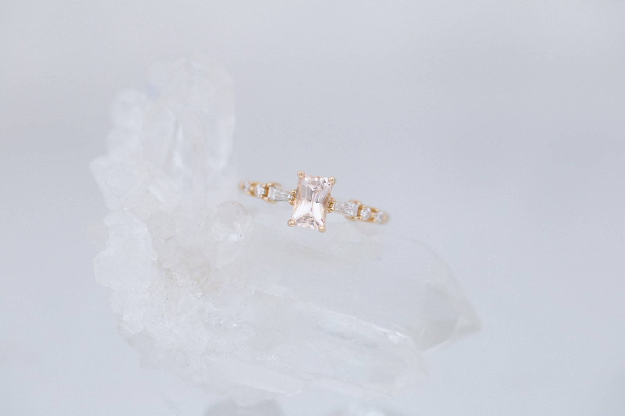 Liesel Ring | Blush Radiant Cut Sapphire + Diamond Baguette Accent Engagement Ring 1.05 ct | 14k Recycled Gold | One of a Kind