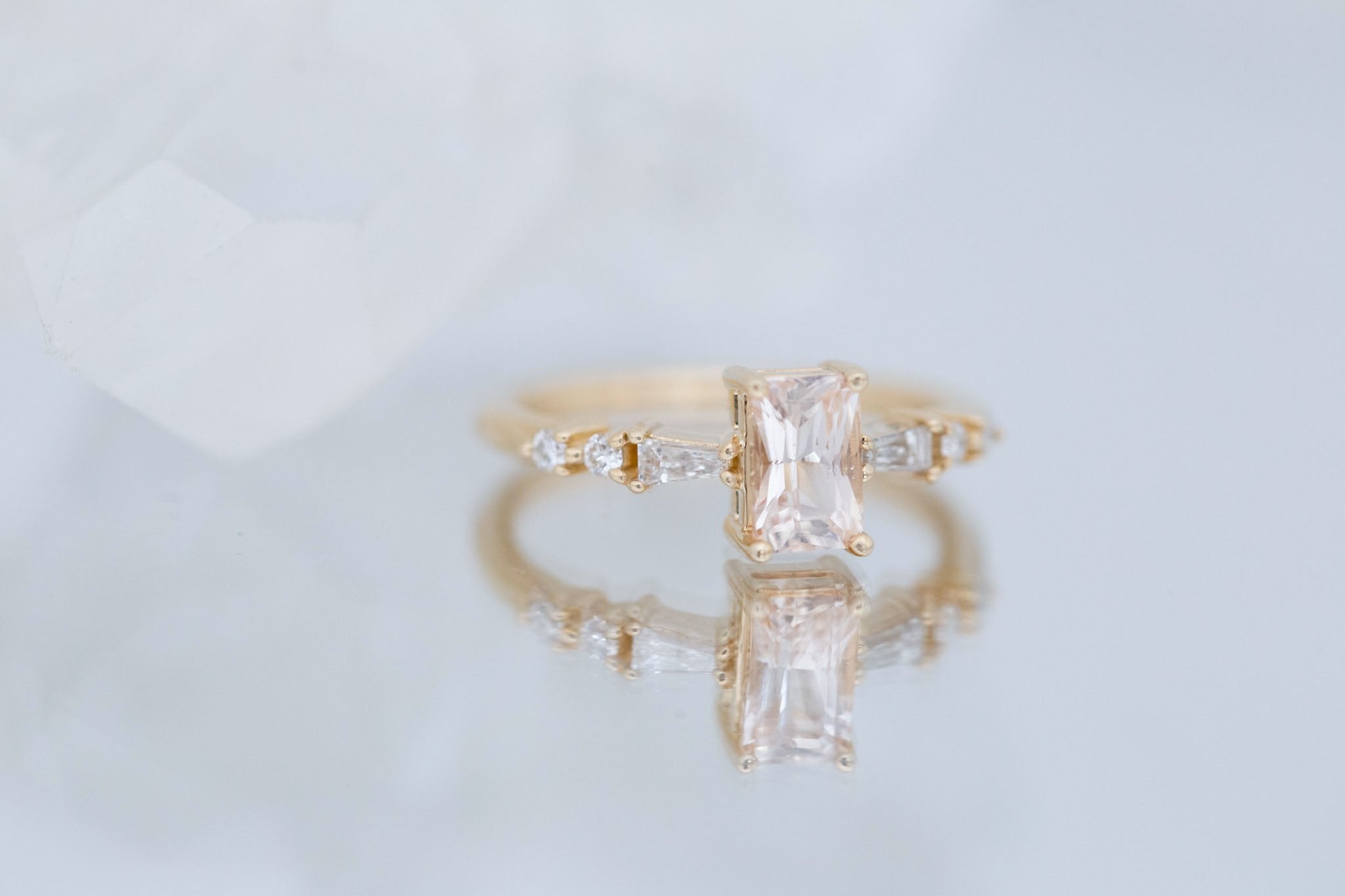 Liesel Ring | Blush Radiant Cut Sapphire + Diamond Baguette Accent Engagement Ring 1.05 ct | 14k Recycled Gold | One of a Kind