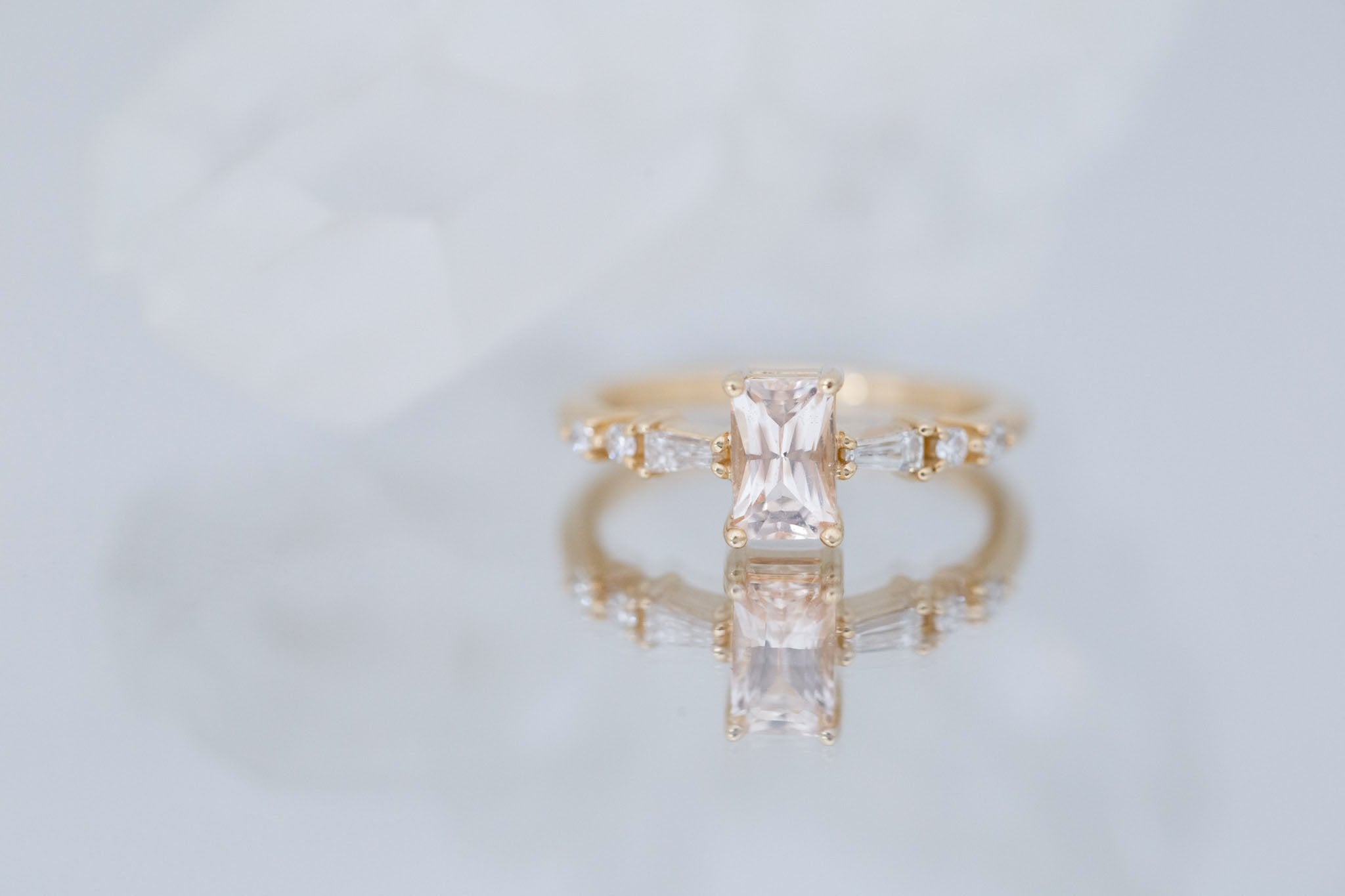 Liesel Ring | Blush Radiant Cut Sapphire + Diamond Baguette Accent Engagement Ring 1.05 ct | 14k Recycled Gold | One of a Kind