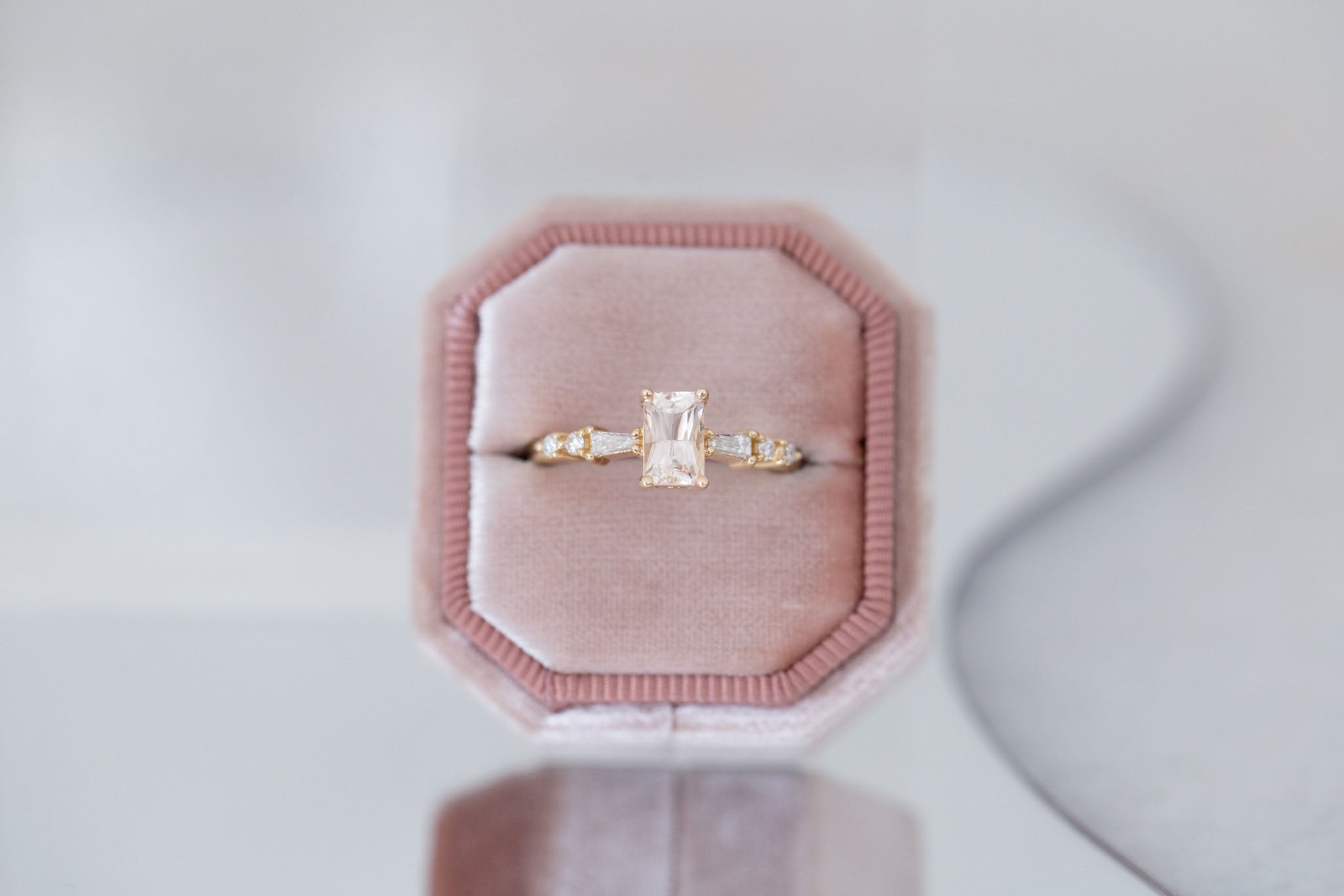 Liesel Ring | Blush Radiant Cut Sapphire + Diamond Baguette Accent Engagement Ring 1.05 ct | 14k Recycled Gold | One of a Kind