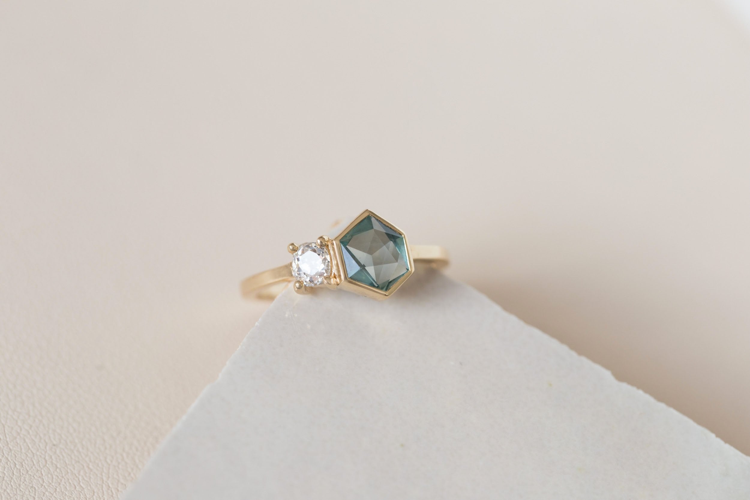 Gaia Ring | Teal Geocut Sapphire + Antique Diamond Engagement Ring | 14k Recycled Gold | One of a Kind