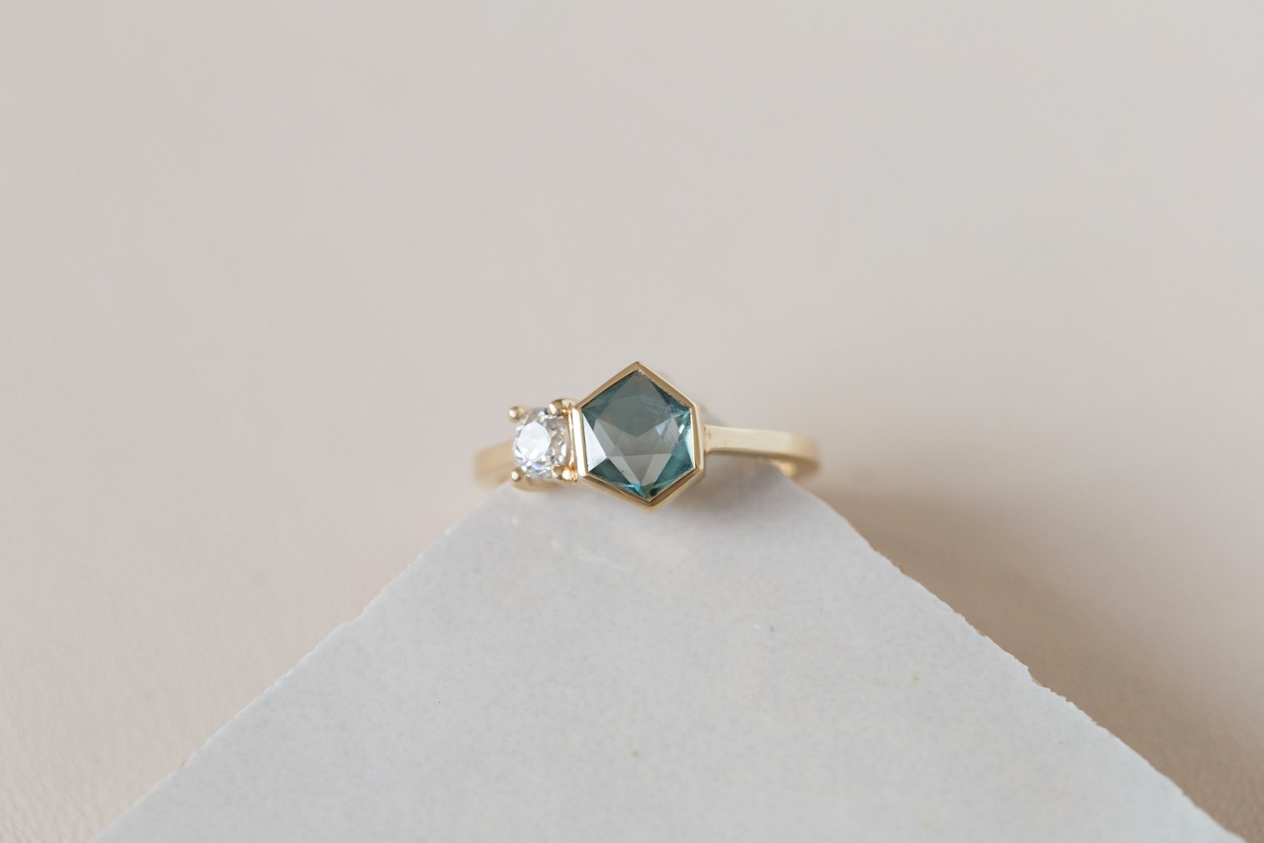 Gaia Ring | Teal Geocut Sapphire + Antique Diamond Engagement Ring | 14k Recycled Gold | One of a Kind