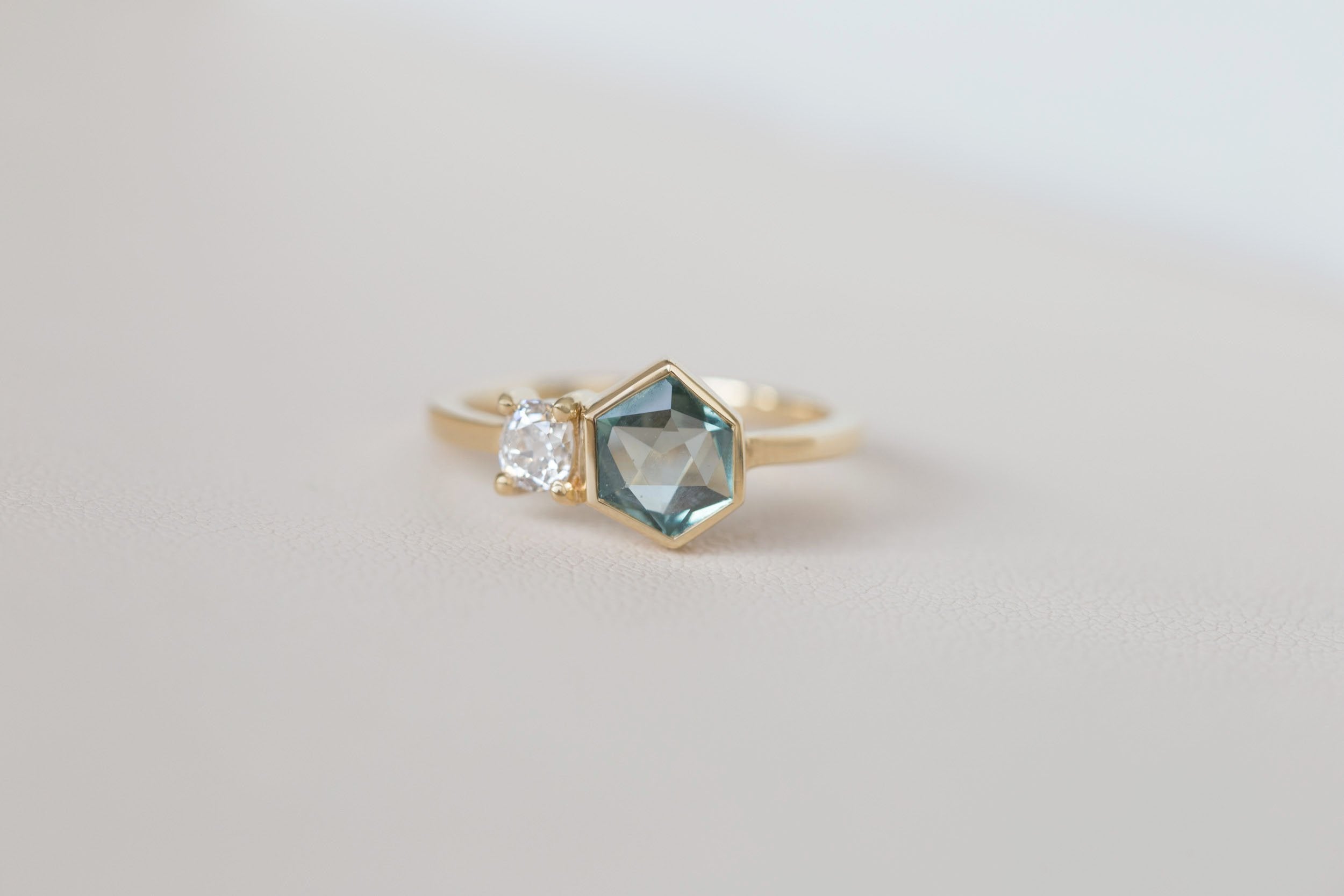 Gaia Ring | Teal Geocut Sapphire + Antique Diamond Engagement Ring | 14k Recycled Gold | One of a Kind