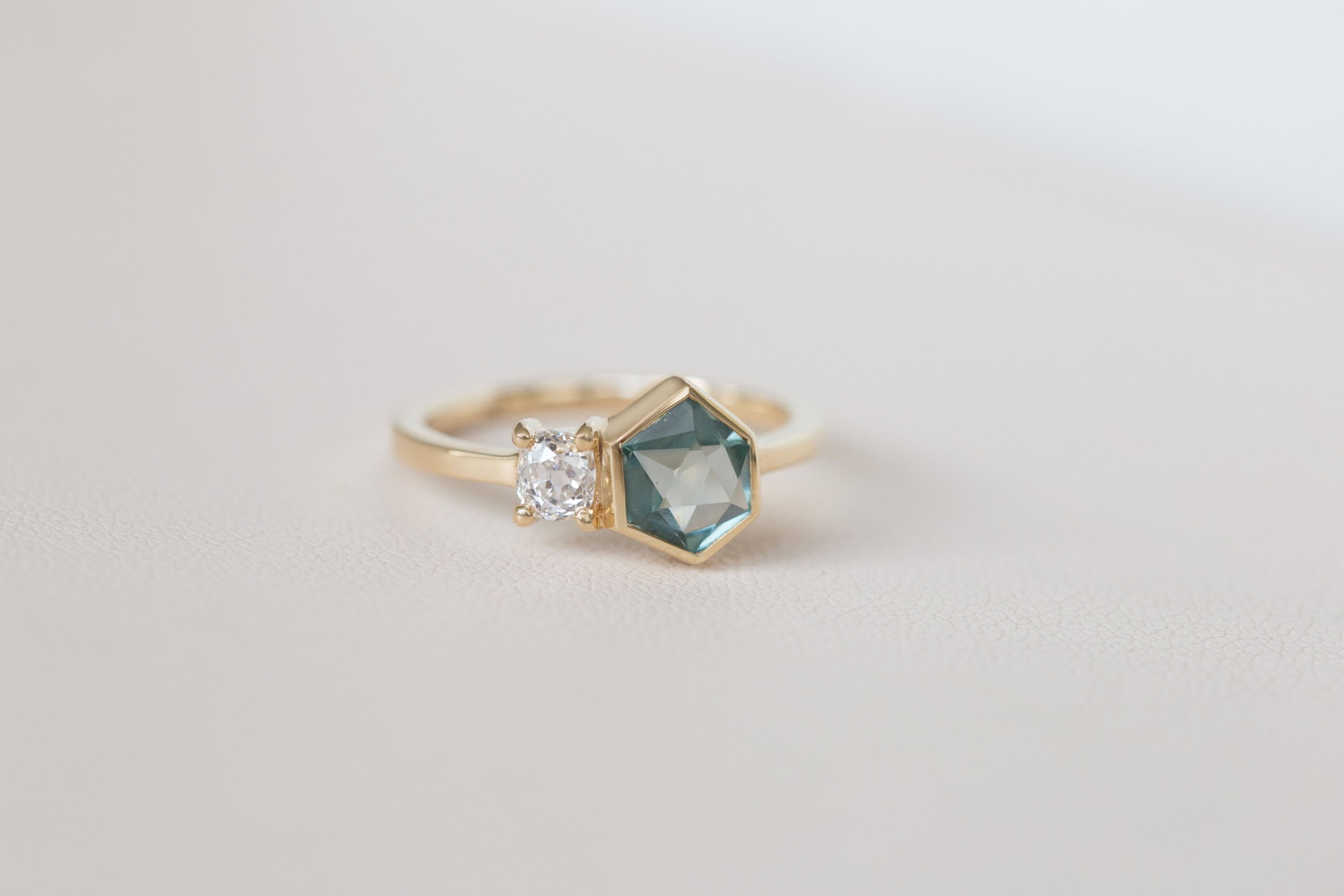 Gaia Ring | Teal Geocut Sapphire + Antique Diamond Engagement Ring | 14k Recycled Gold | One of a Kind