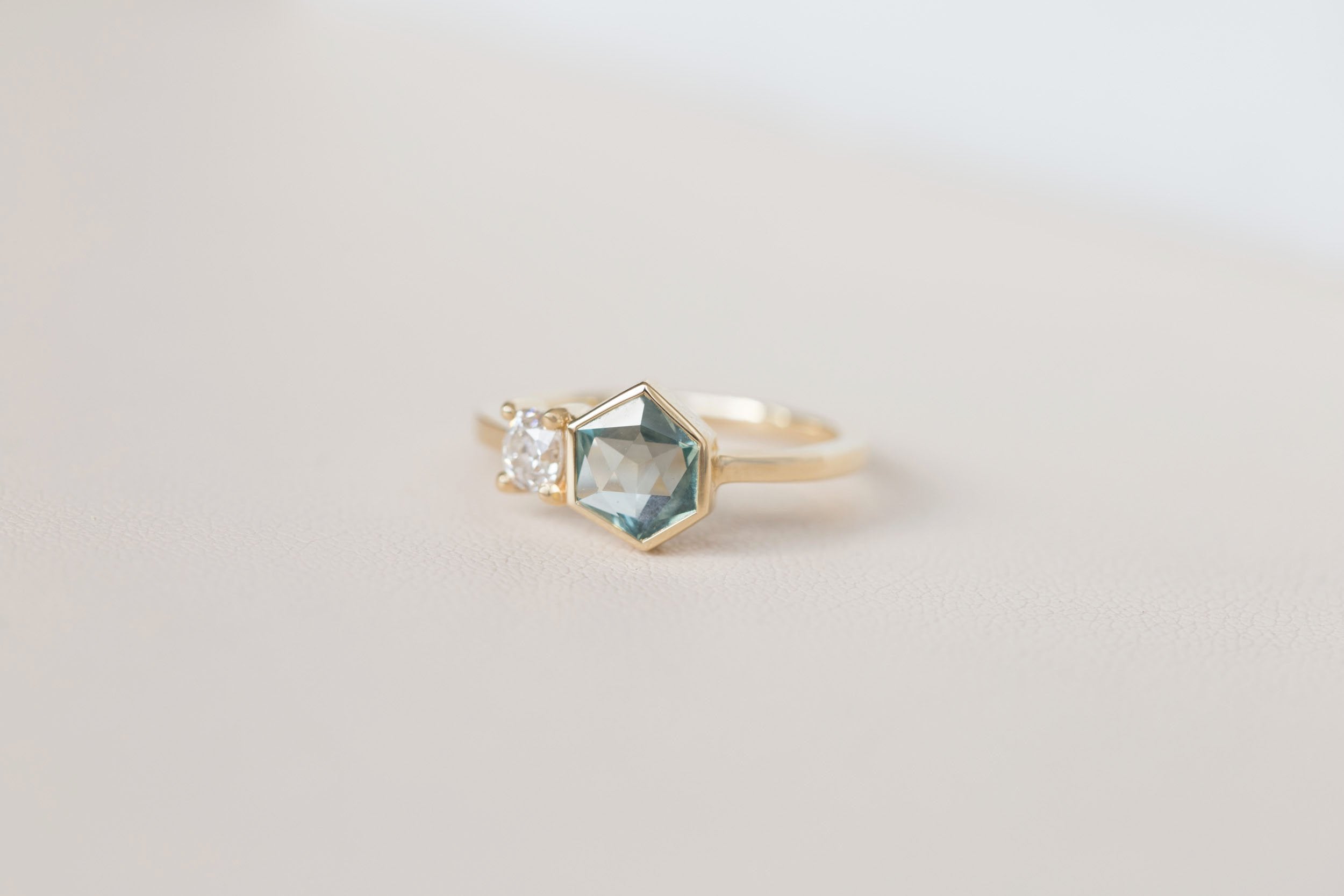 Gaia Ring | Teal Geocut Sapphire + Antique Diamond Engagement Ring | 14k Recycled Gold | One of a Kind