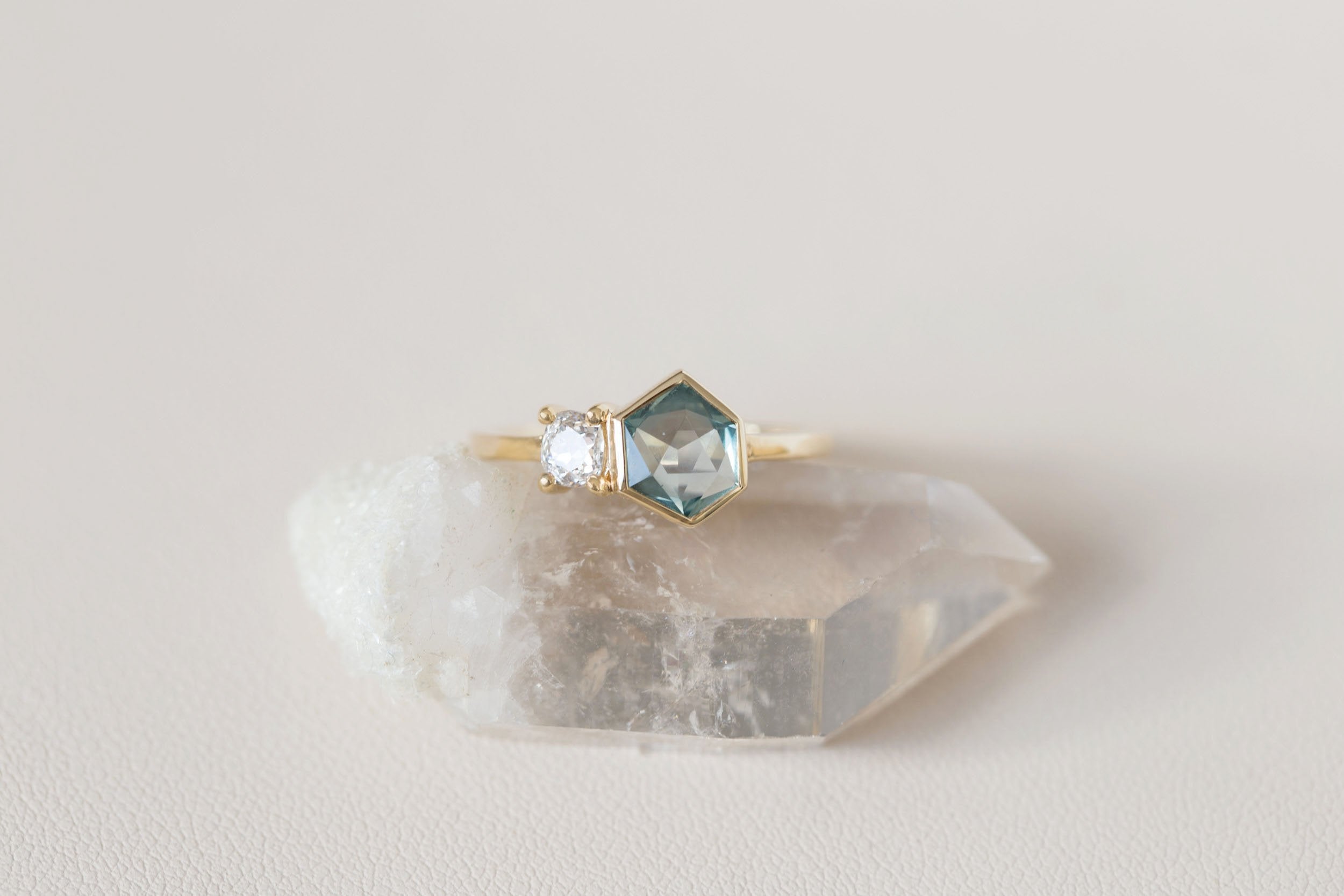 Gaia Ring | Teal Geocut Sapphire + Antique Diamond Engagement Ring | 14k Recycled Gold | One of a Kind