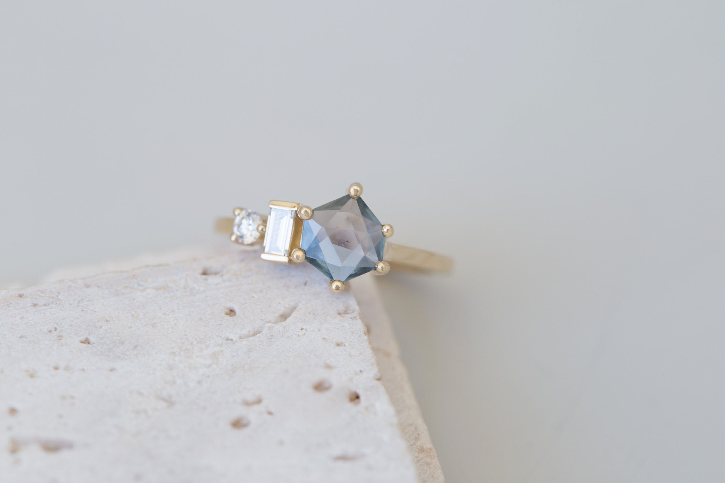 Sireli Ring | Geocut Grey Blue Sapphire + Diamond Cluster Engagement Ring 1.05 ct | 14k Recycled Gold | One of a Kind