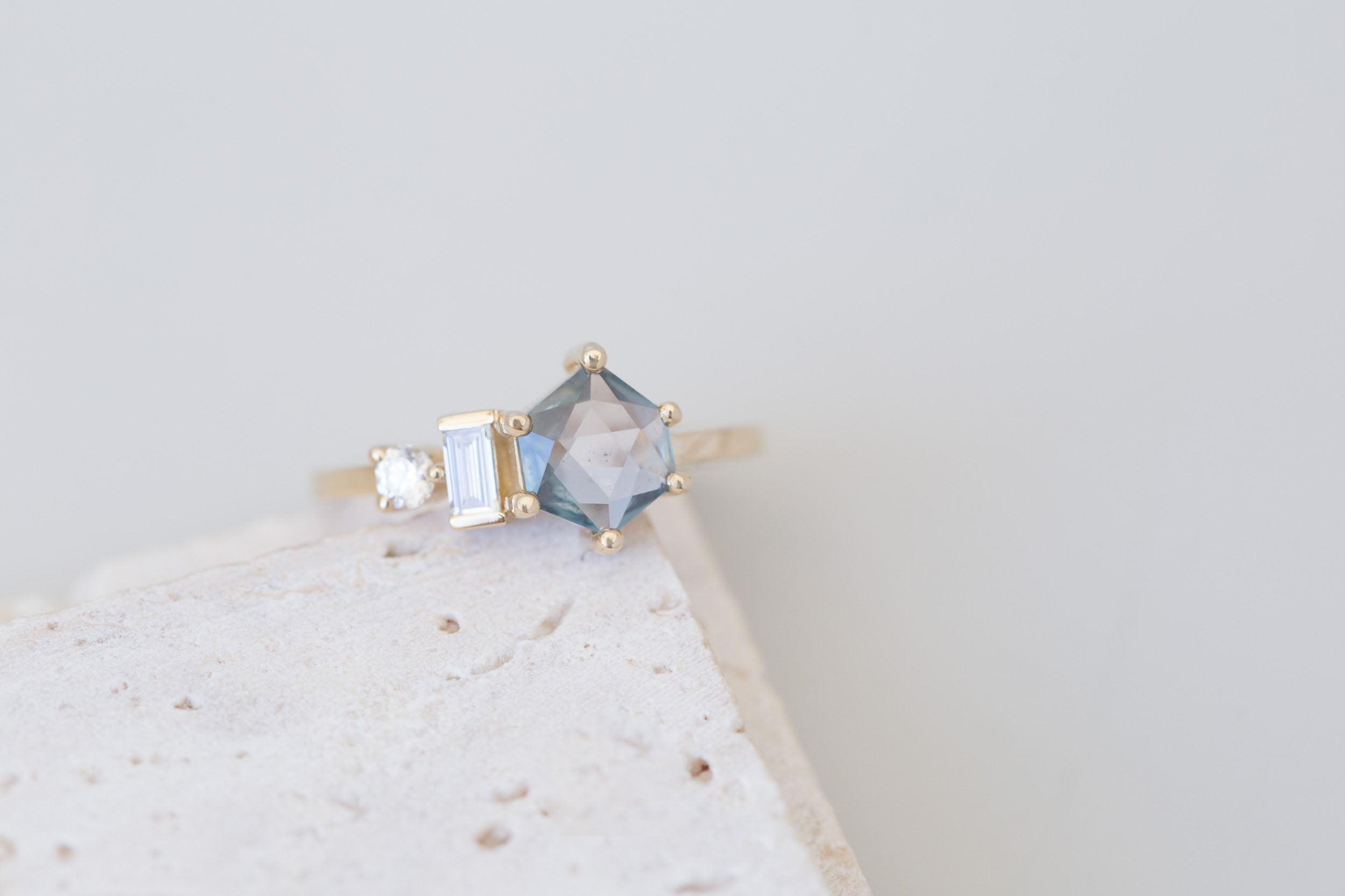 Sireli Ring | Geocut Grey Blue Sapphire + Diamond Cluster Engagement Ring 1.05 ct | 14k Recycled Gold | One of a Kind