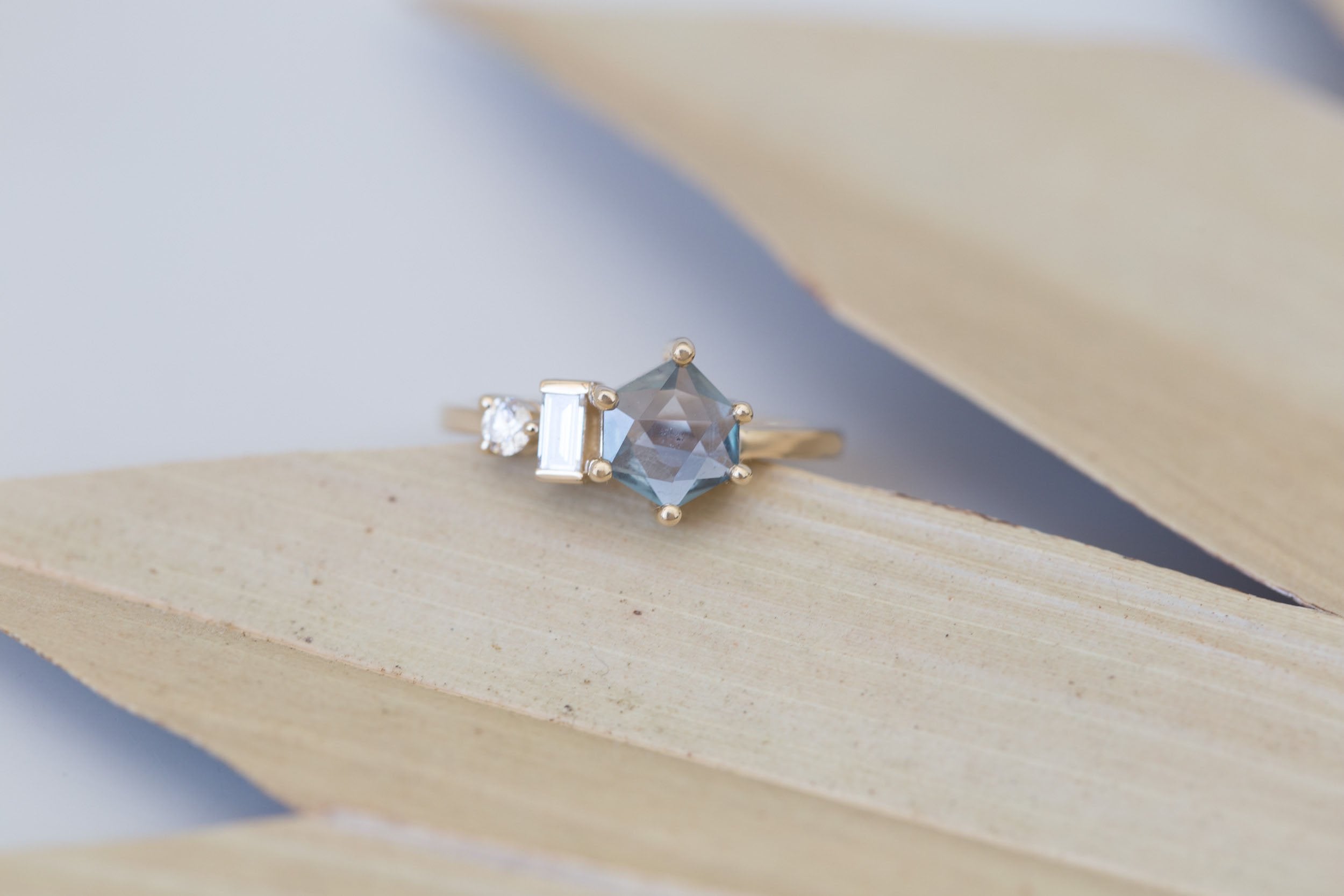 Sireli Ring | Geocut Grey Blue Sapphire + Diamond Cluster Engagement Ring 1.05 ct | 14k Recycled Gold | One of a Kind