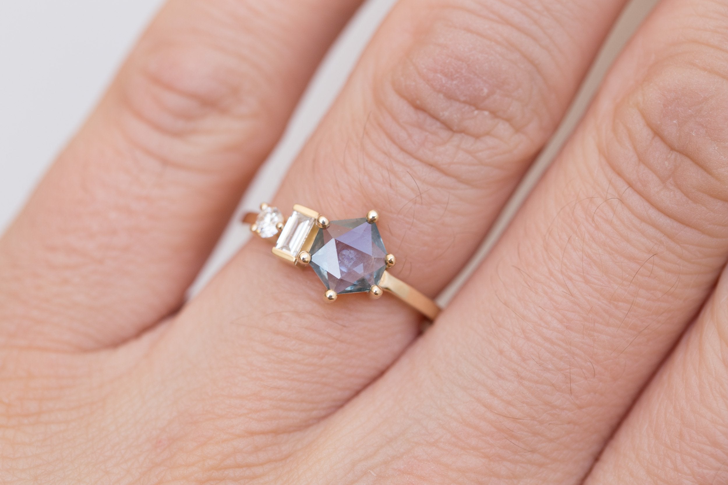 Sireli Ring | Geocut Grey Blue Sapphire + Diamond Cluster Engagement Ring 1.05 ct | 14k Recycled Gold | One of a Kind