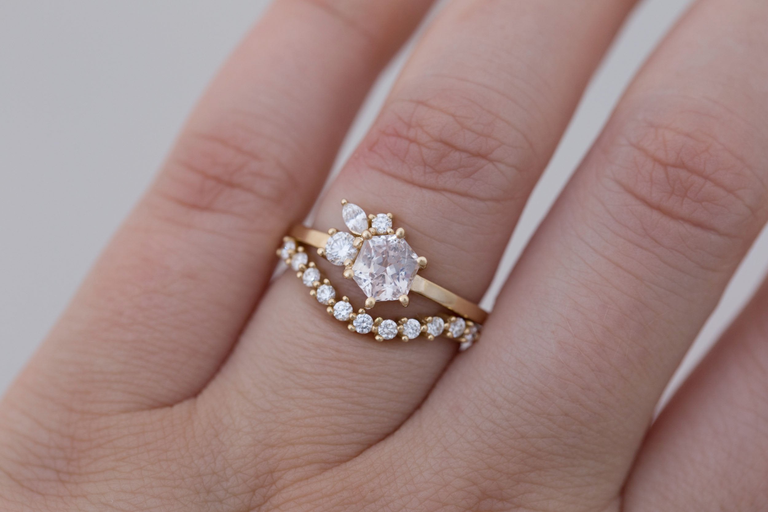 Celeste Ring | Icy Blush Hexagonal Sapphire + Diamond Cluster Engagement Ring 1.05 ct | 14k Recycled Gold | One of a Kind