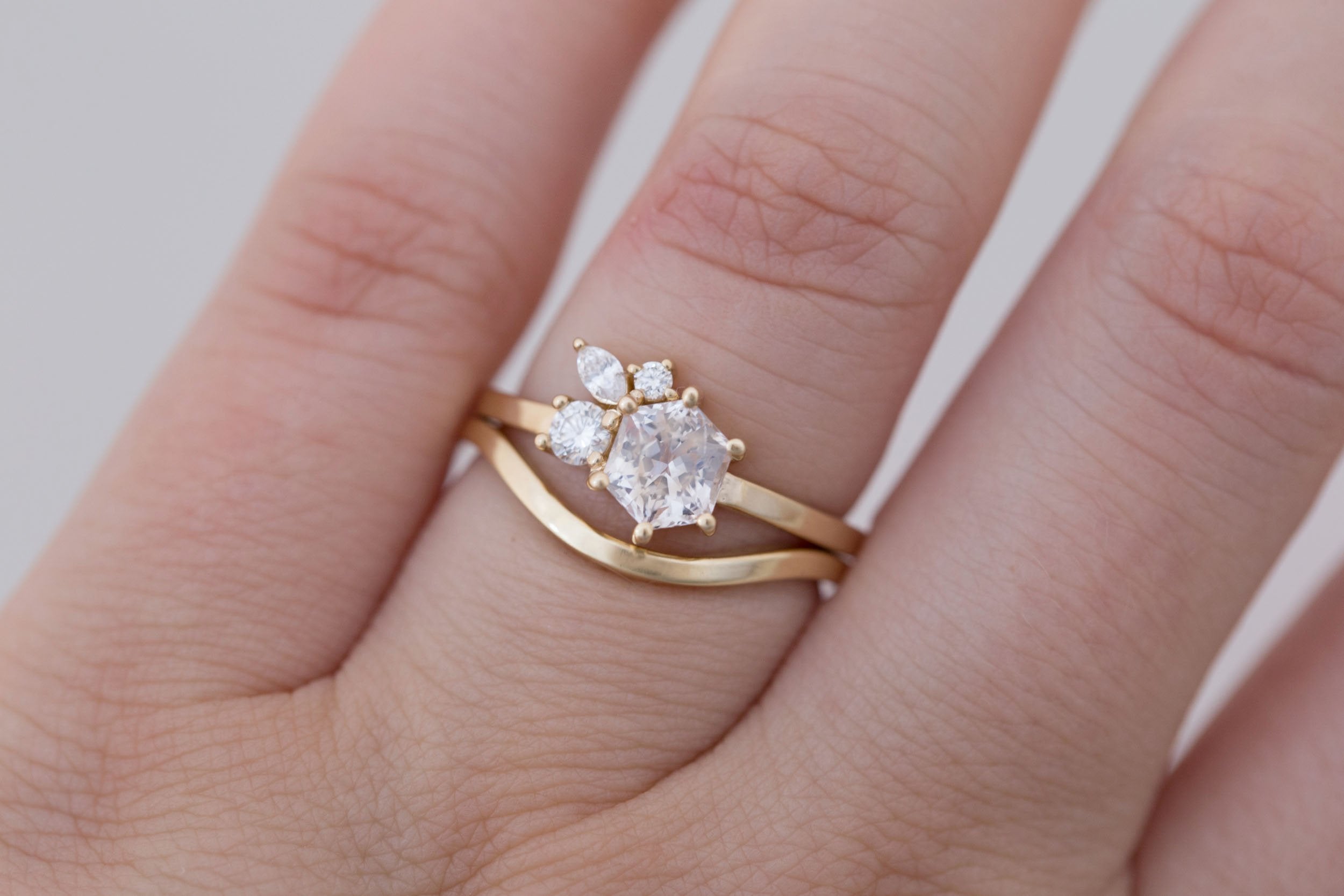 Celeste Ring | Icy Blush Hexagonal Sapphire + Diamond Cluster Engagement Ring 1.05 ct | 14k Recycled Gold | One of a Kind
