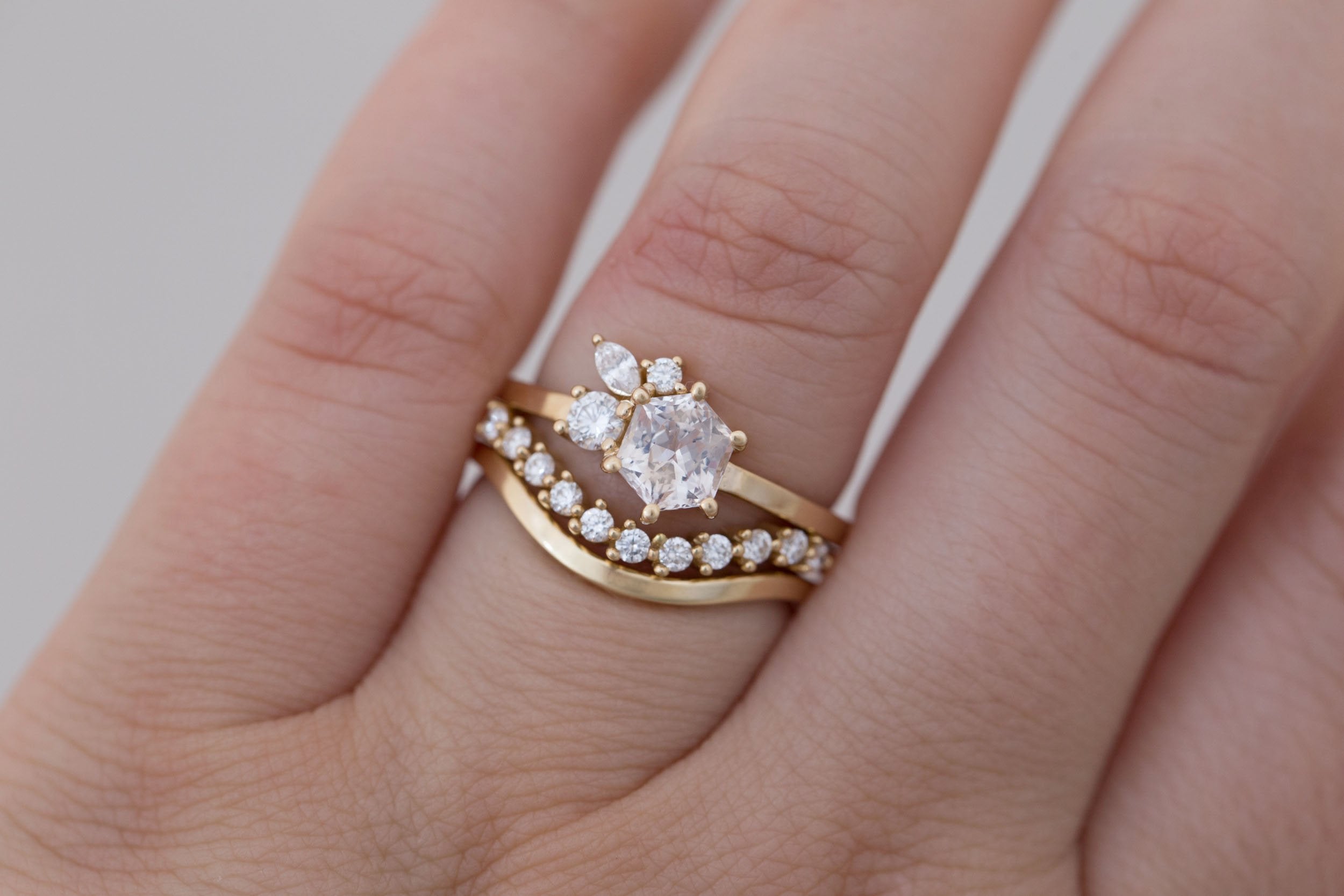 Celeste Ring | Icy Blush Hexagonal Sapphire + Diamond Cluster Engagement Ring 1.05 ct | 14k Recycled Gold | One of a Kind